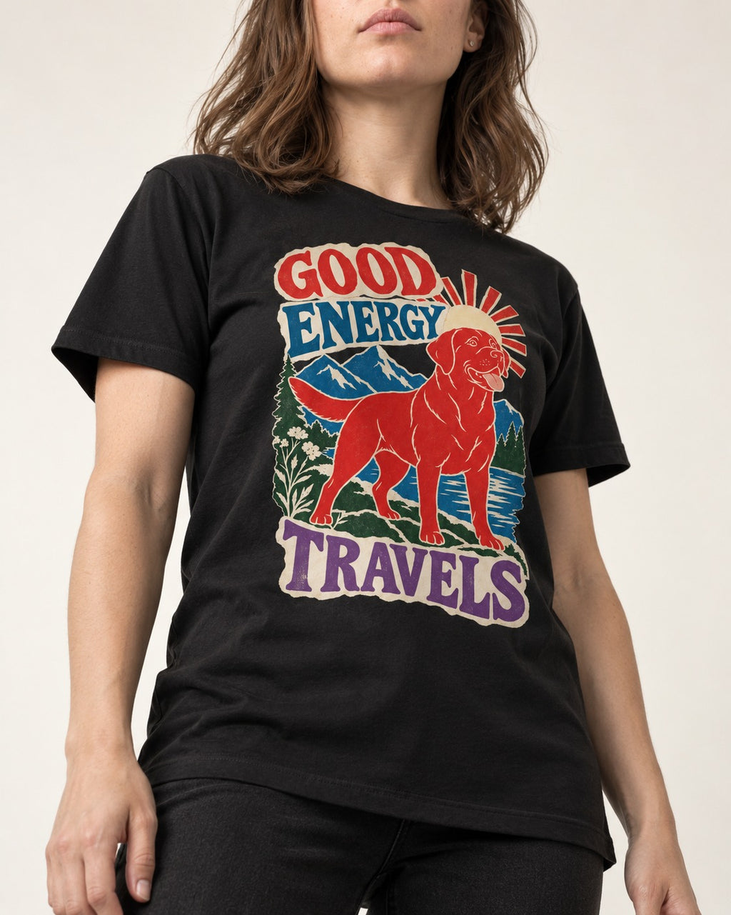 Labrador Retriever Good Energy Travels Adventure Graphic T-Shirt in Black, worn by a model, front view