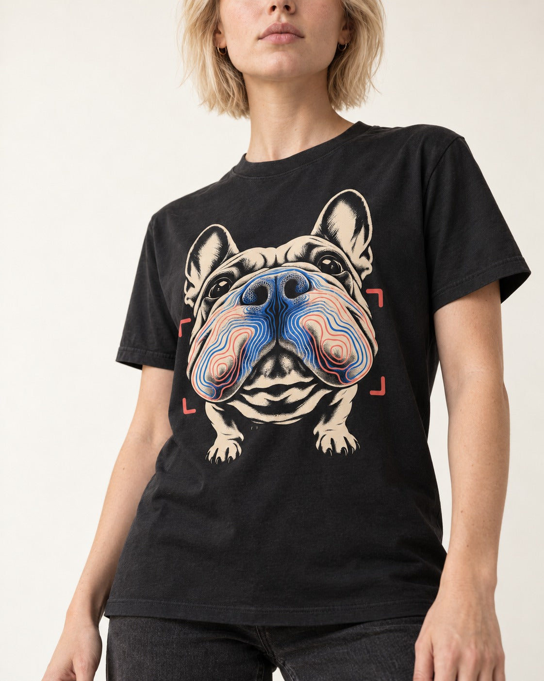 Frenchie Nose Topography Graphic T-Shirt in Black, worn by a model, front view