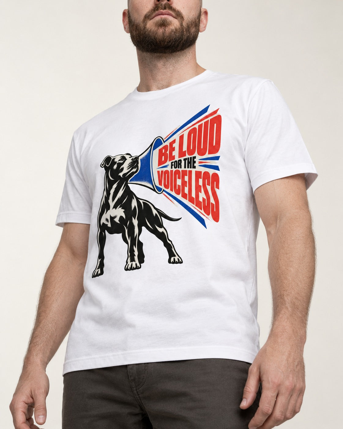 Pitbull For the Voiceless T-Shirt in White, worn by a model, front view