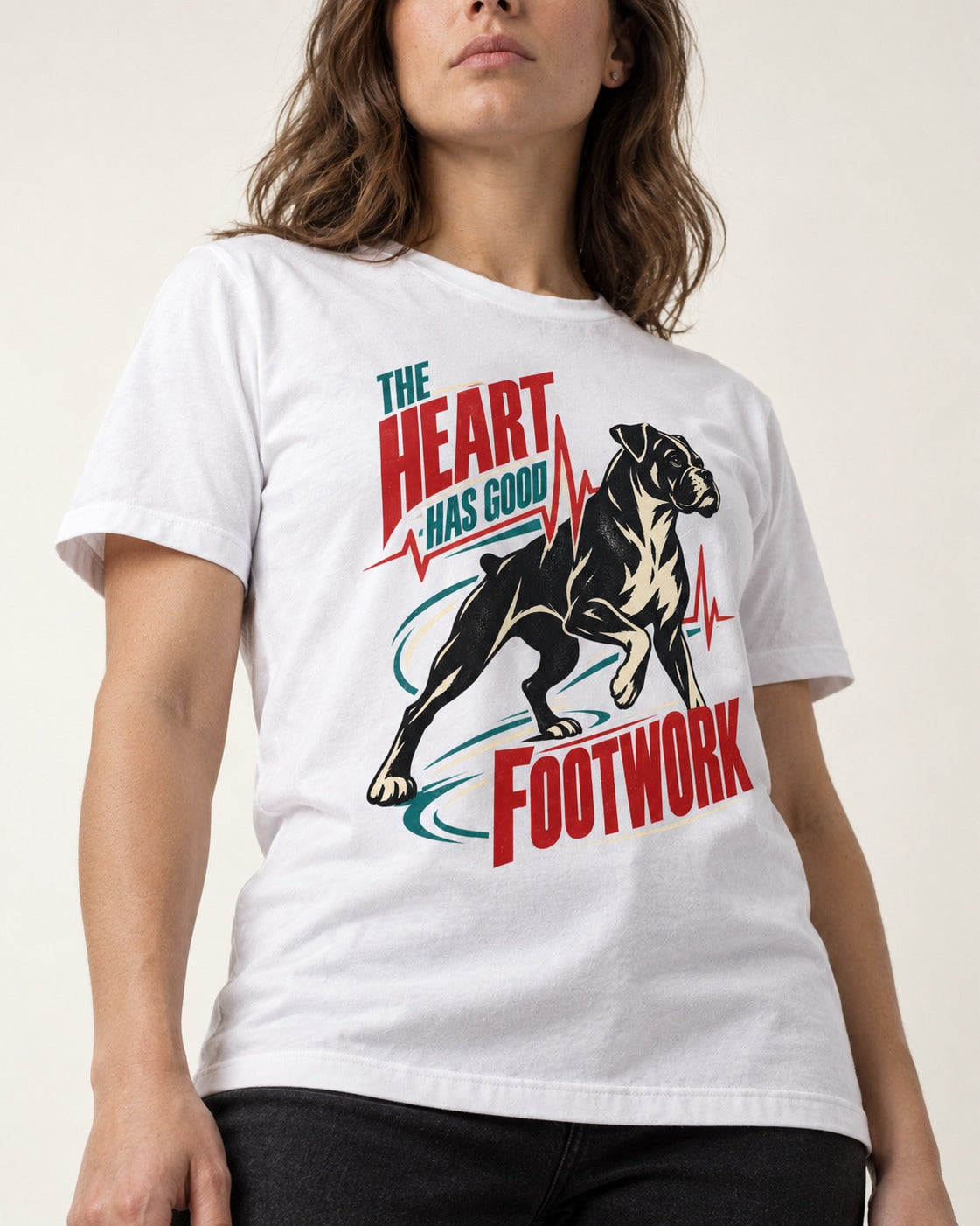 Boxer Heart Has Good Footwork T-Shirt in White, worn by a model, front view