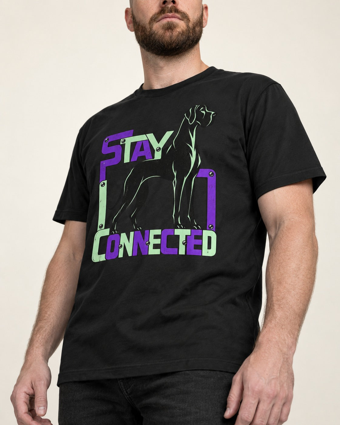 Great Dane Stay Connected Modular Frame Graphic T-Shirt in Black, worn by a model, front view
