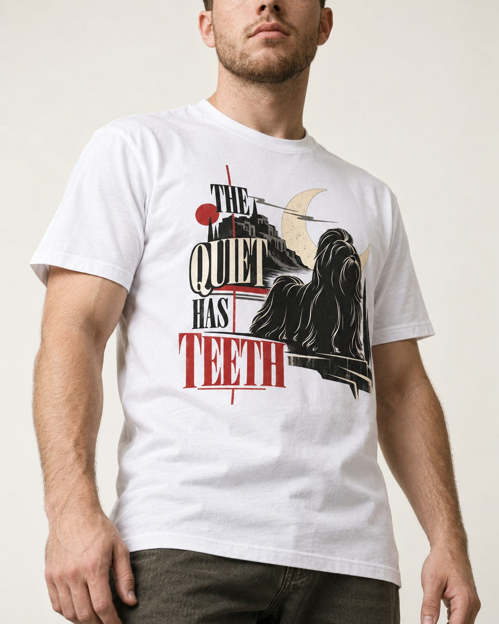 The Quiet Shih Tzu Has Teeth T-Shirt in White, worn by a model, front view
