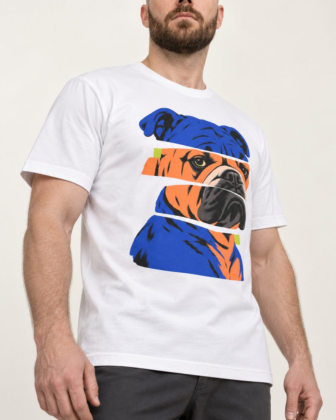 English Bulldog Unbreakable T-Shirt in White, worn by a model, front view