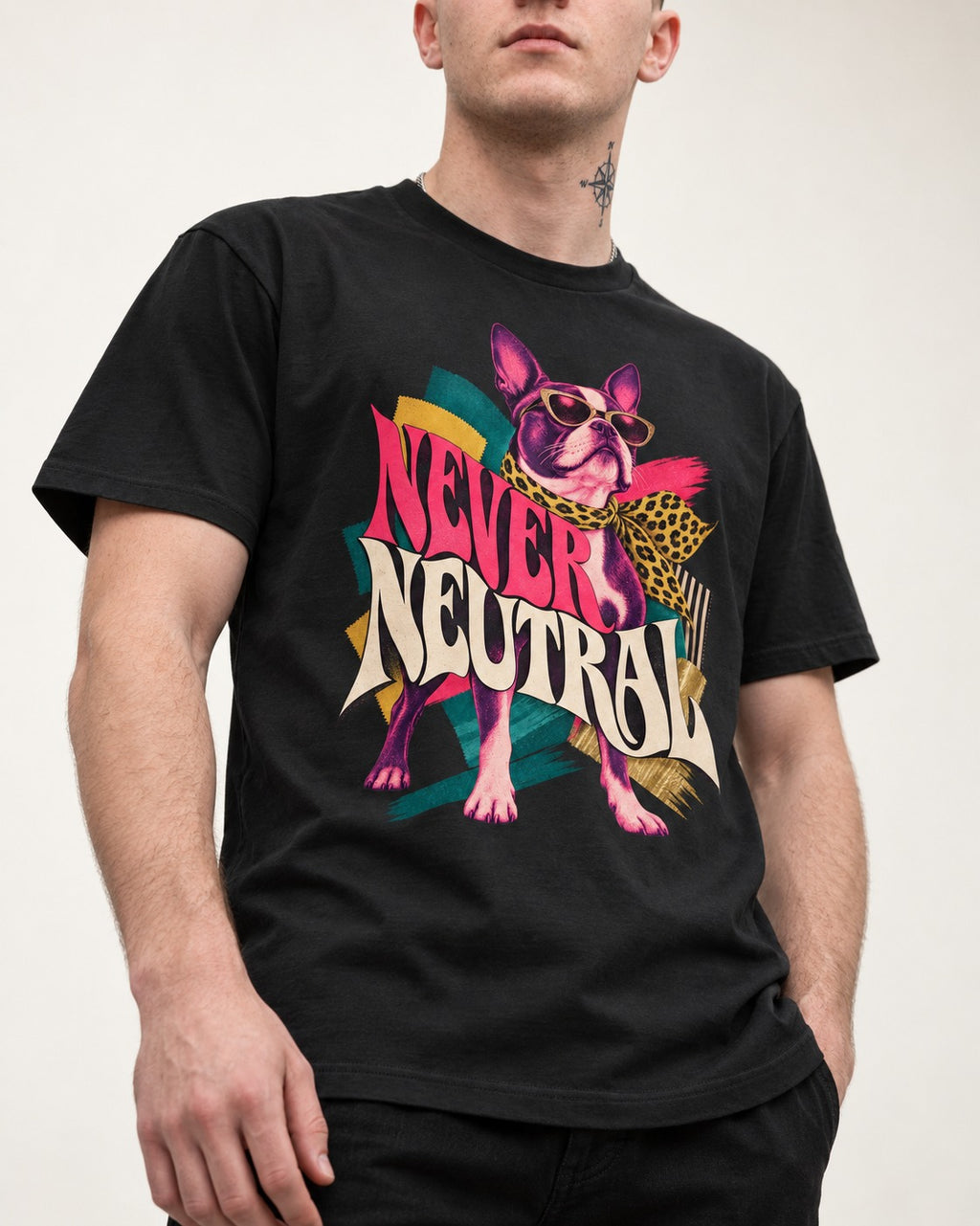 Boston Terrier Never Neutral Fashion Collage Graphic T-Shirt in Black, worn by a model, front view