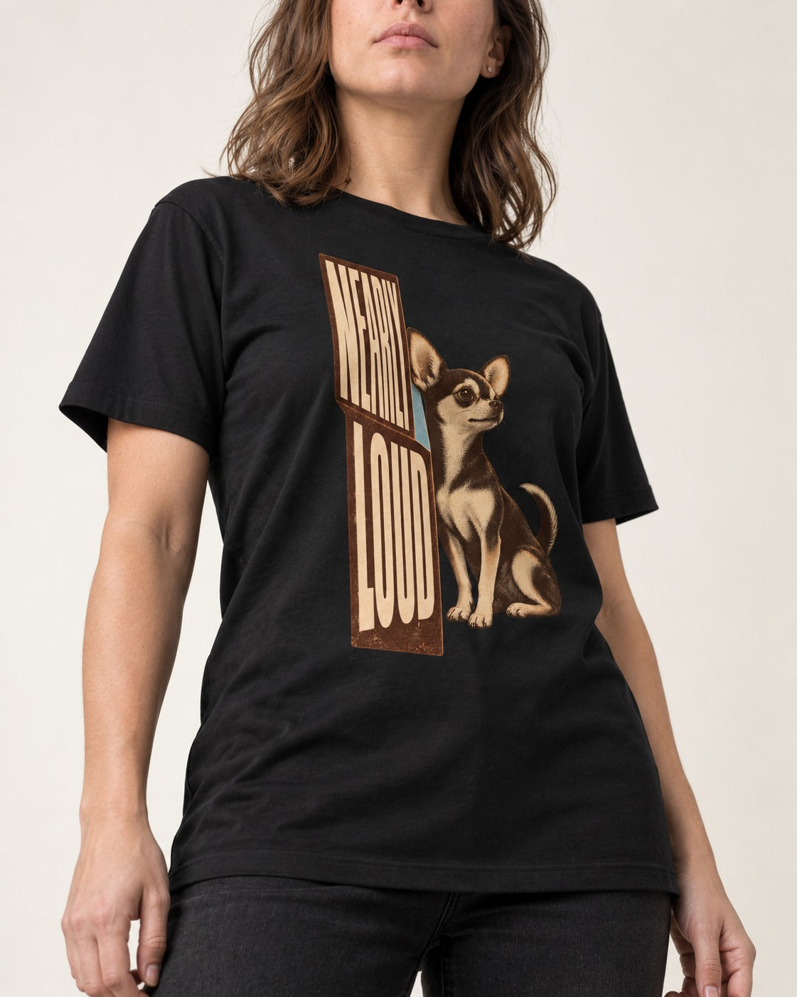 Chihuahua Never Loud T-Shirt in Black, worn by a model, front view