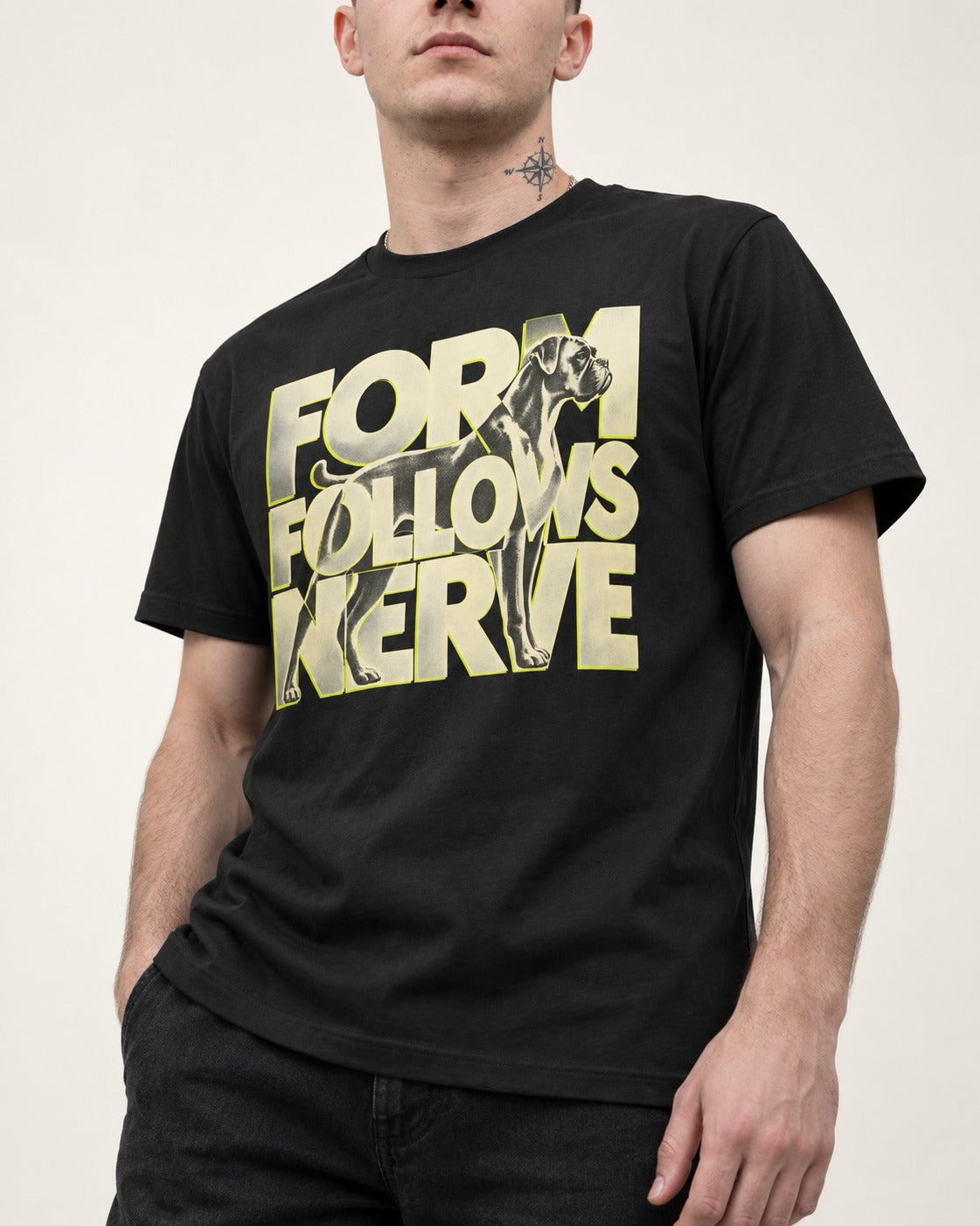 Form Follows Nerve Boxer Typography T-Shirt in Black, worn by a model, front view