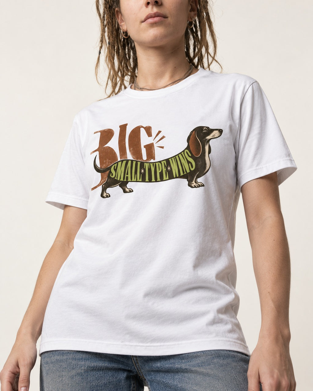 Dachshund Small Type Wins T-Shirt in White, worn by a model, front view