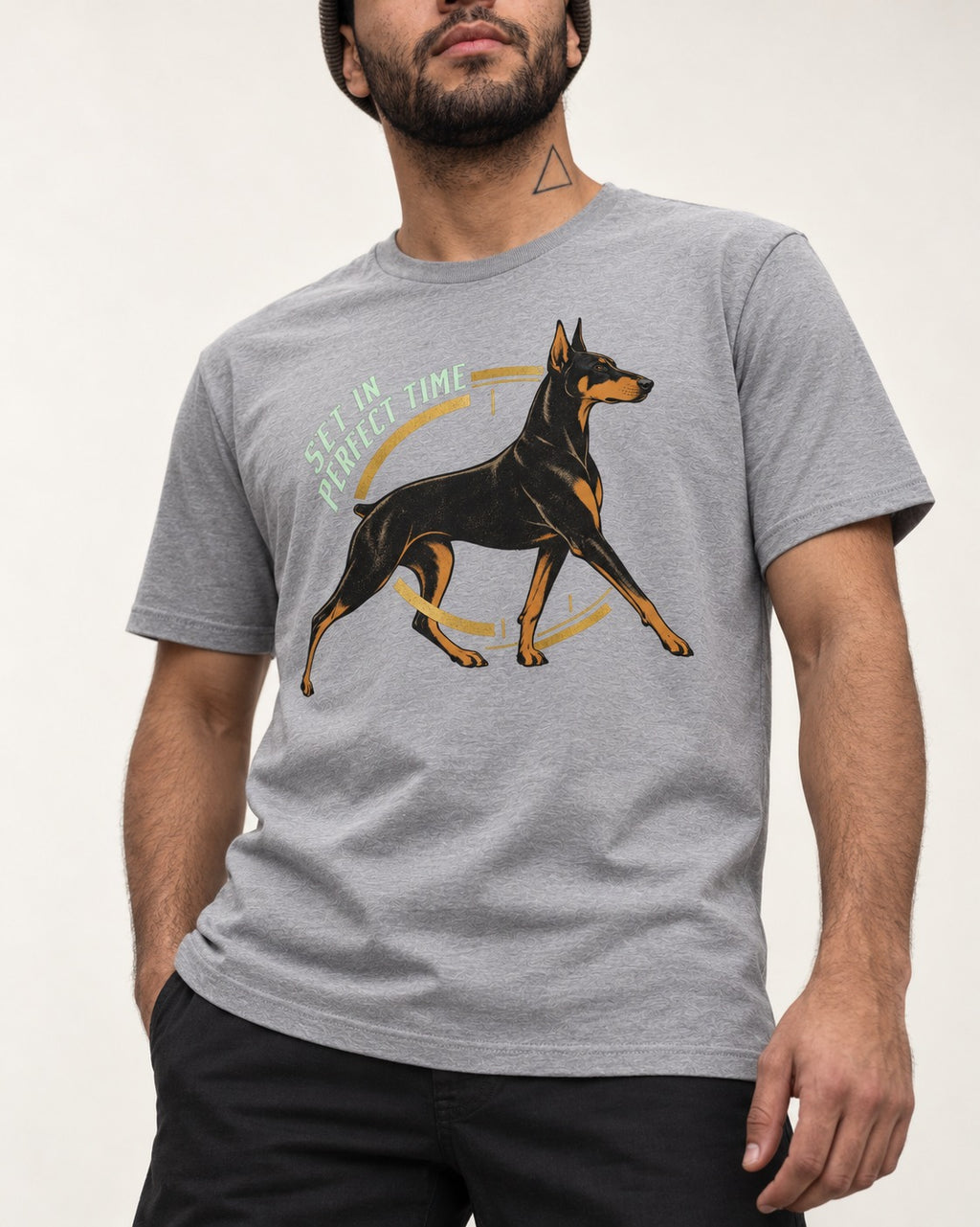 Doberman Set in Perfect Time Clock Stride Graphic T-Shirt in Sport Grey, worn by a model, front view