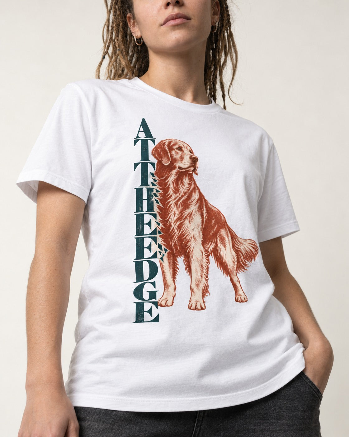 Golden Retriever At the Edge T-Shirt in White, worn by a model, front view