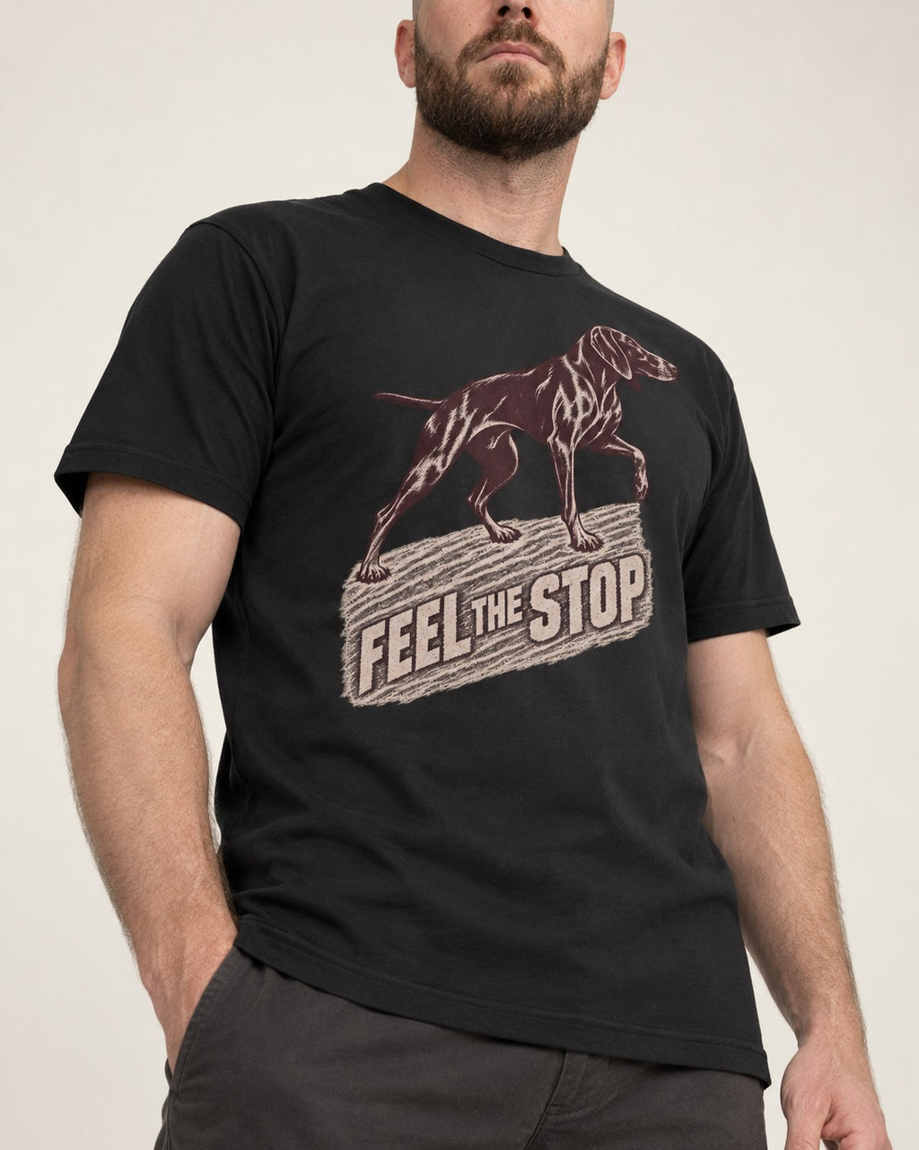 German Shorthaired Pointer Feel The Stop Frottage Graphic T-Shirt in Black, worn by a model, front view