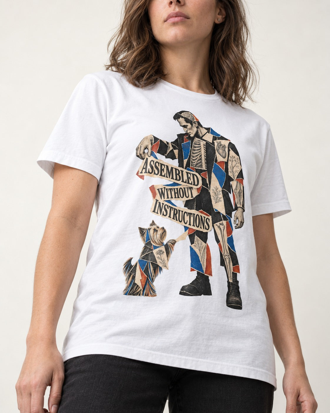 Yorkshire Terrier Assembled Without Instructions T-Shirt in White, worn by a model, front view