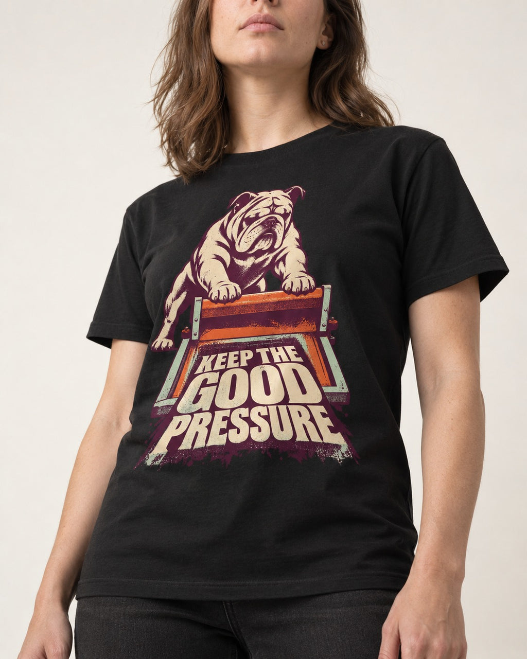 English Bulldog Keep the Good Pressure Printing Press Graphic T-Shirt in Black, worn by a model, front view