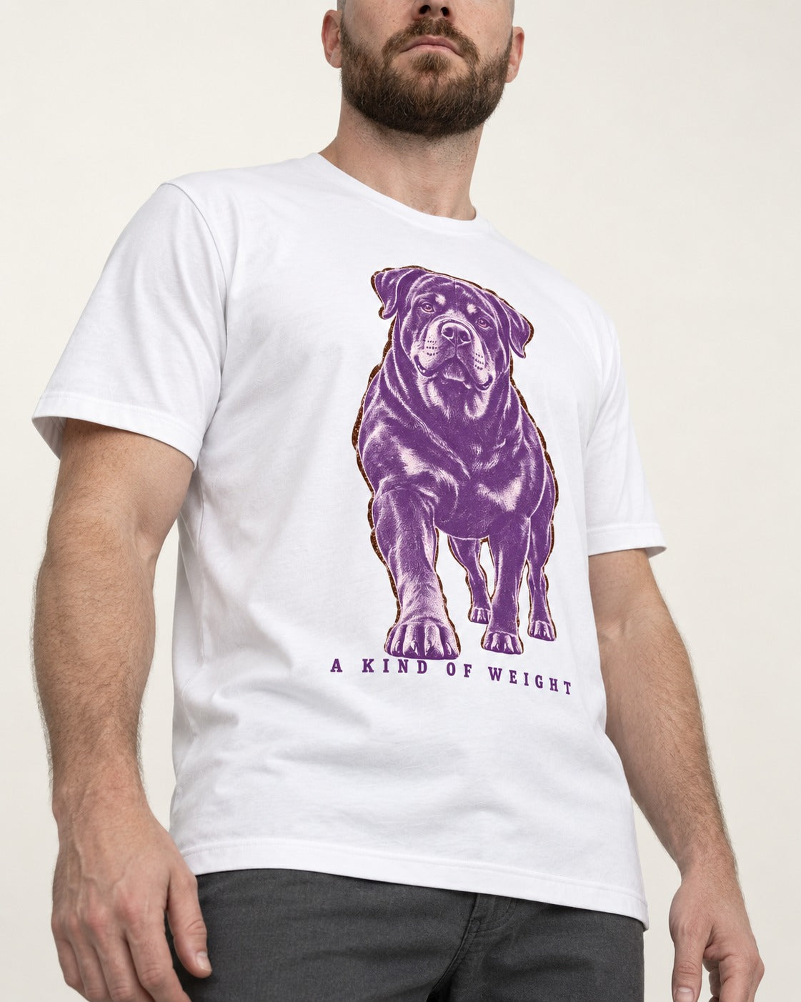 Rottweiler A Kind of Weight T-Shirt in White, worn by a model, front view