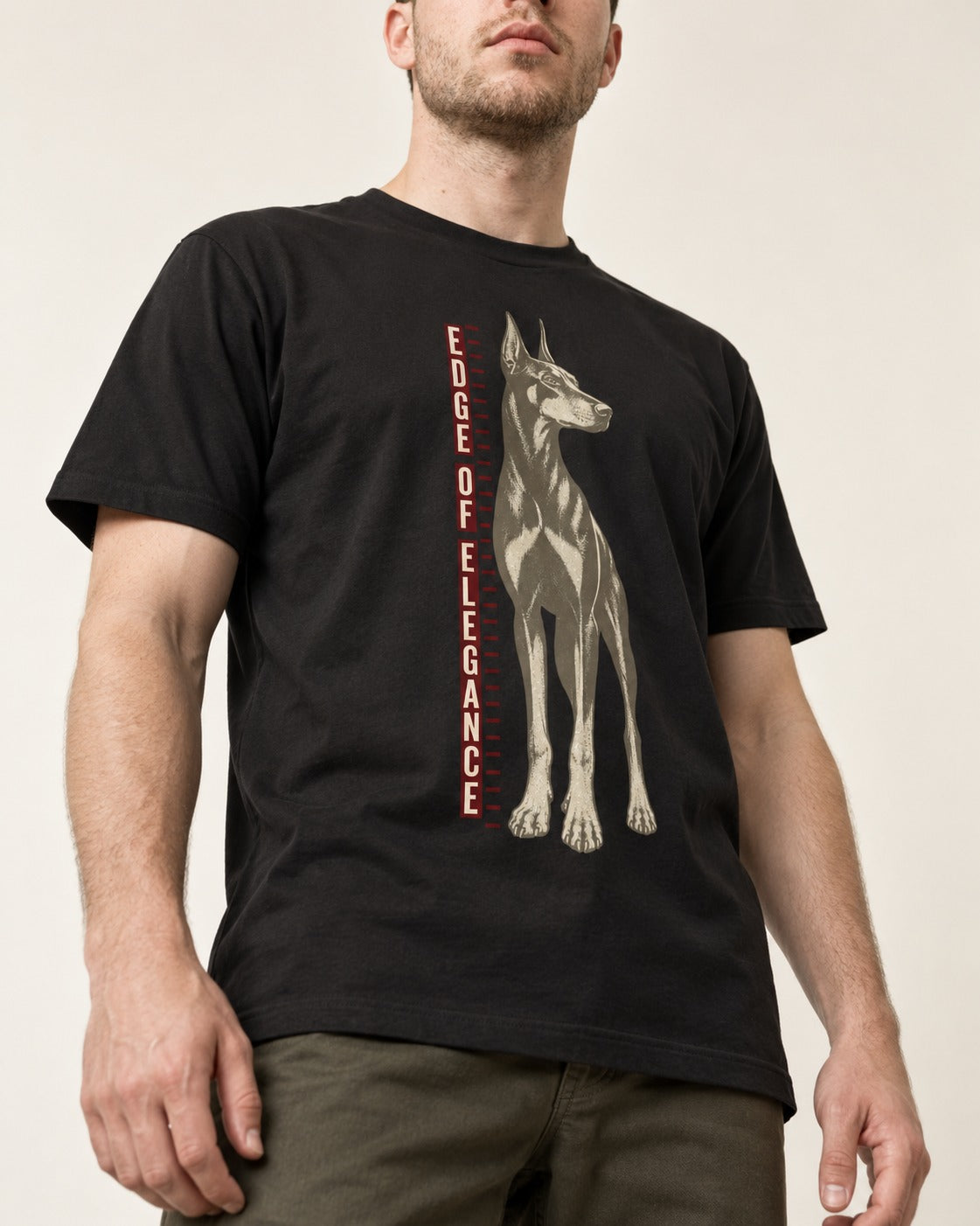Doberman Edge of Elegance Height Chart Graphic T-Shirt in Black, worn by a model, front view