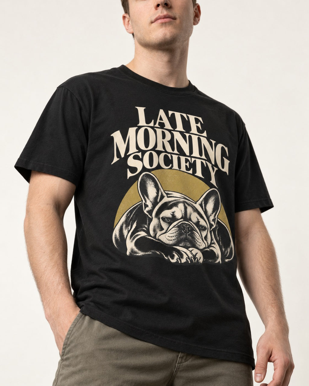 Frenchie Late Morning Society Graphic T-Shirt in Black, worn by a model, front view