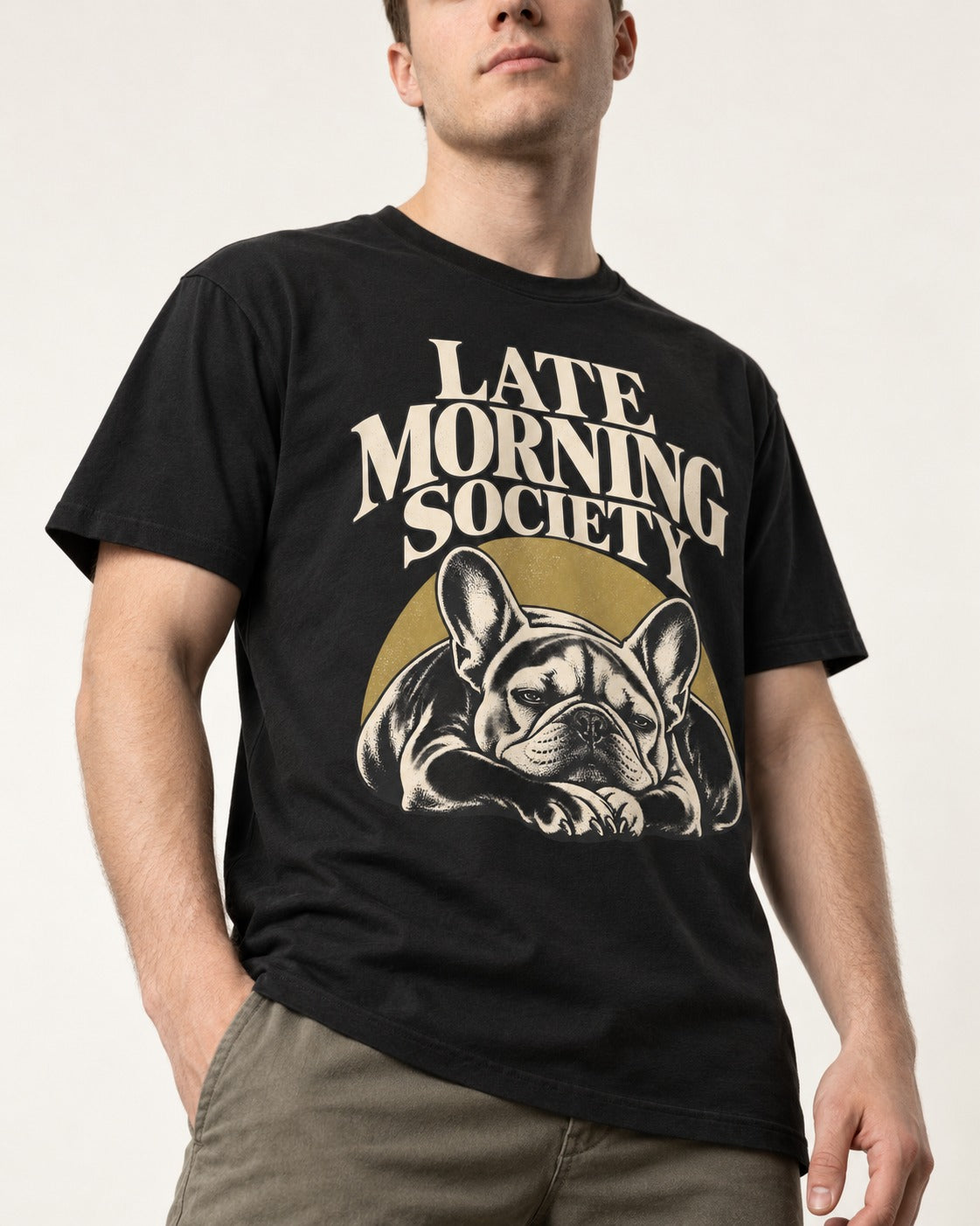 Frenchie Late Morning Society Graphic T-Shirt in Black, worn by a model, front view