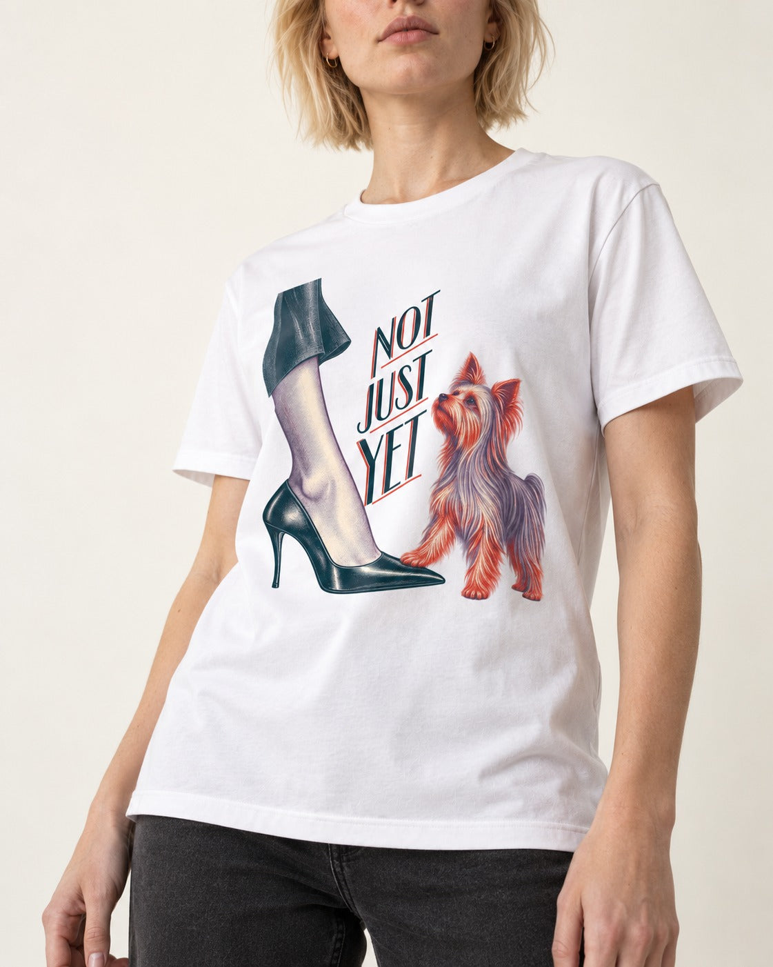 Not Just Yet Yorkshire Terrier T-Shirt in White, worn by a model, front view