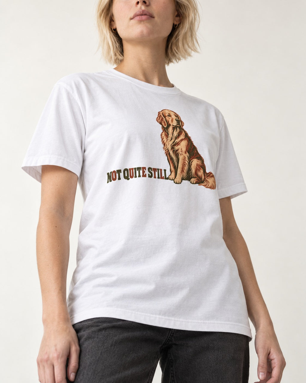 Golden Retriever Not Quite Still T-Shirt in White, worn by a model, front view