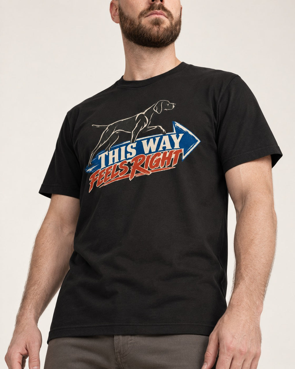 This Way Feels Right Arrow German Shorthaired Pointer Graphic T-Shirt in Black, worn by a model, front view