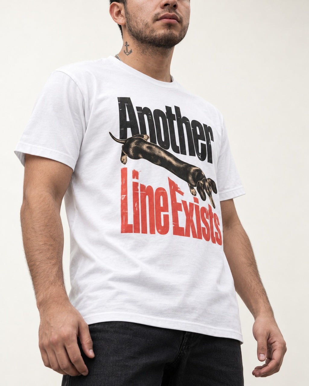 Another Dachshund Line Exists T-Shirt in White, worn by a model, front view