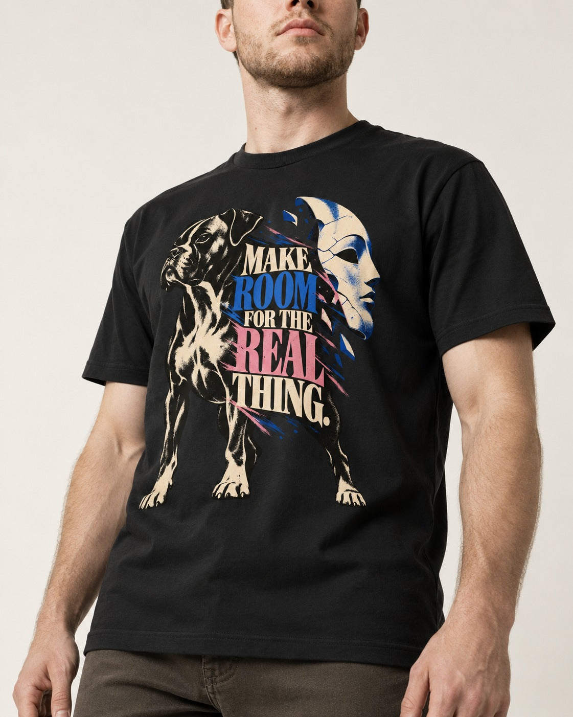 Make Room for the Real Thing Boxer Broken Mask Graphic T-Shirt in Black, worn by a model, front view
