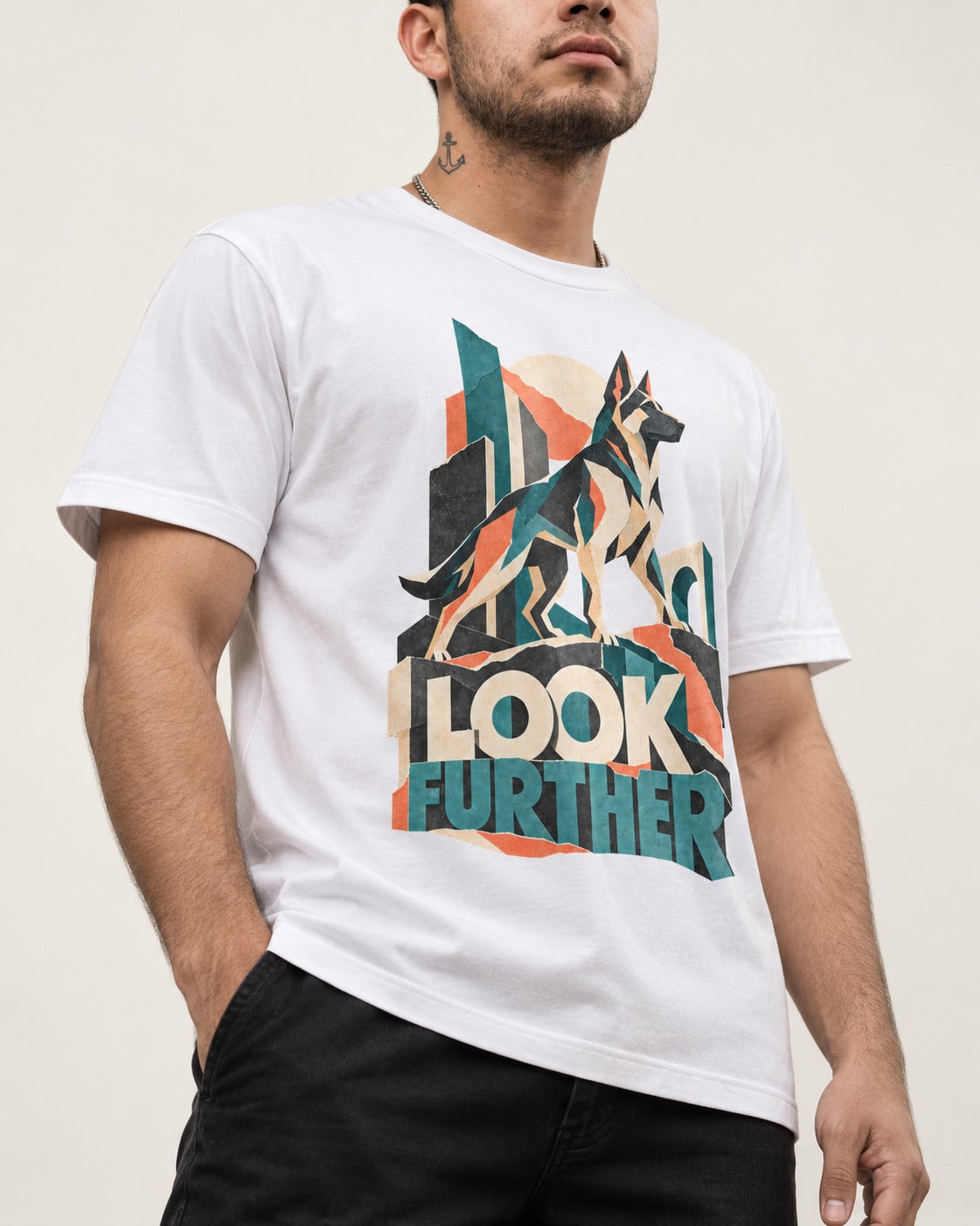 Look Further German Shepherd Dog T-Shirt in White, worn by a model, front view