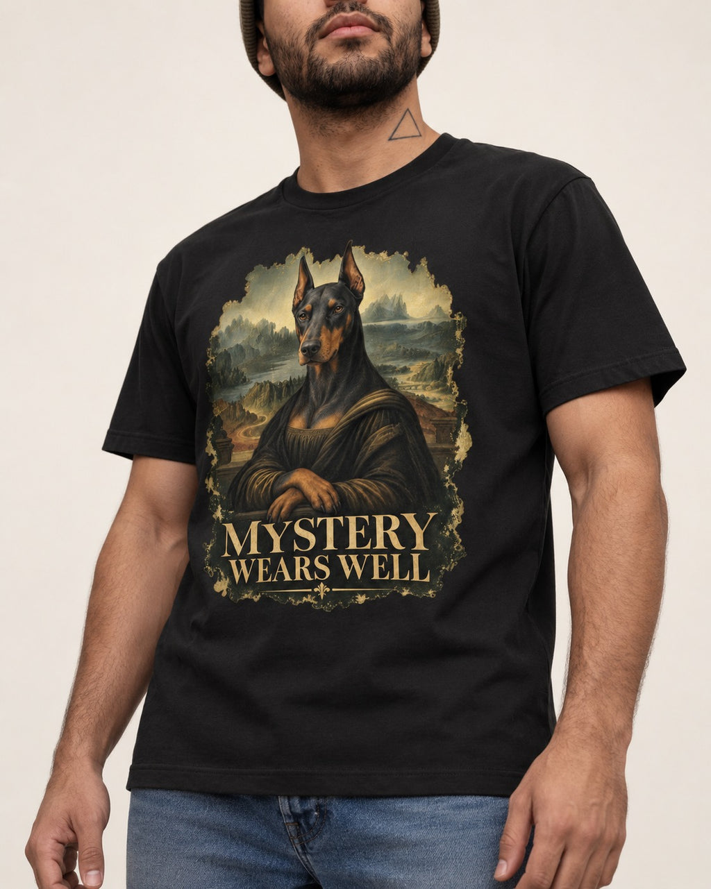 Doberman Mystery Wears Well Renaissance Portrait Graphic T-Shirt in Black, worn by a model, front view