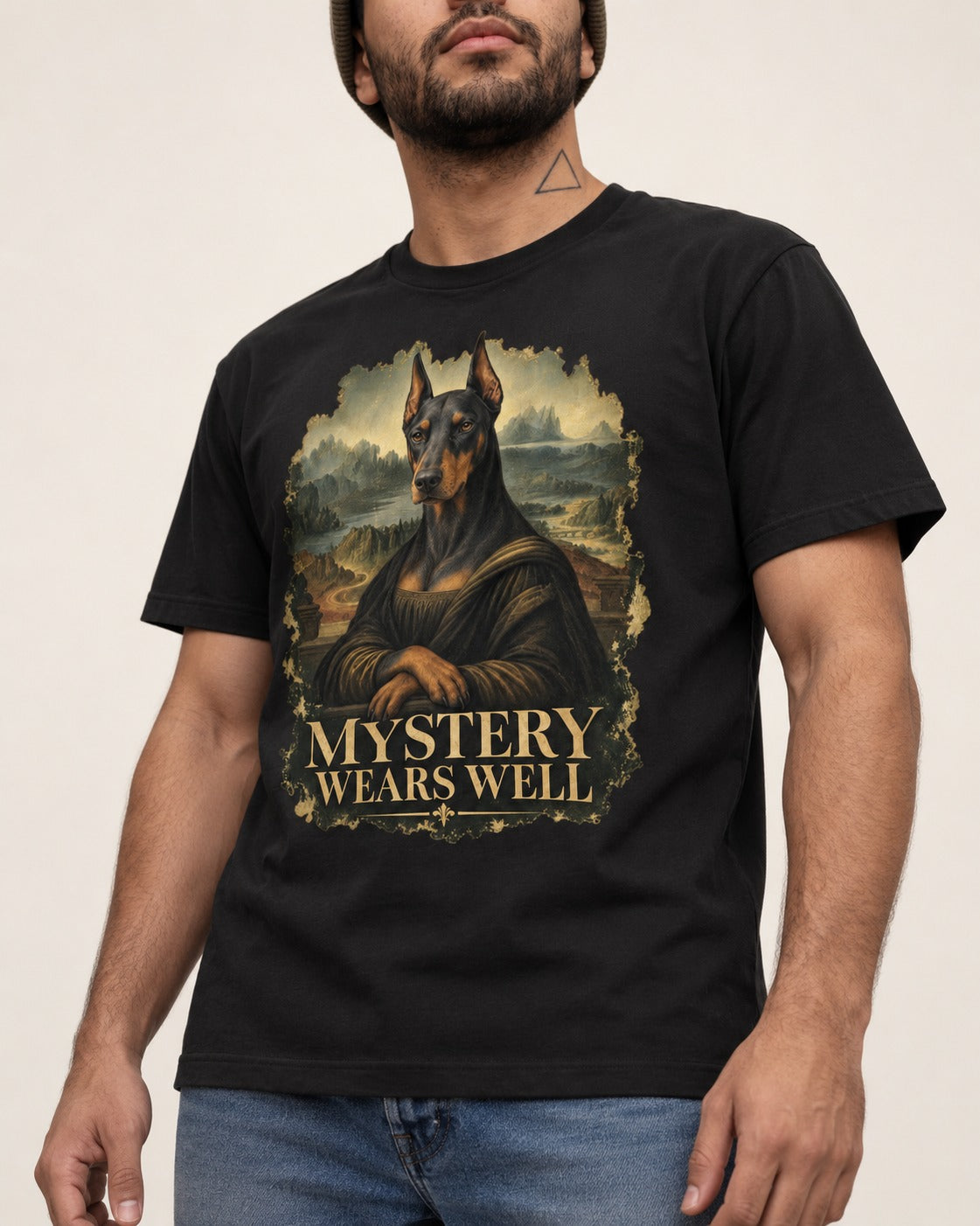 Doberman Mystery Wears Well Renaissance Portrait Graphic T-Shirt in Black, worn by a model, front view