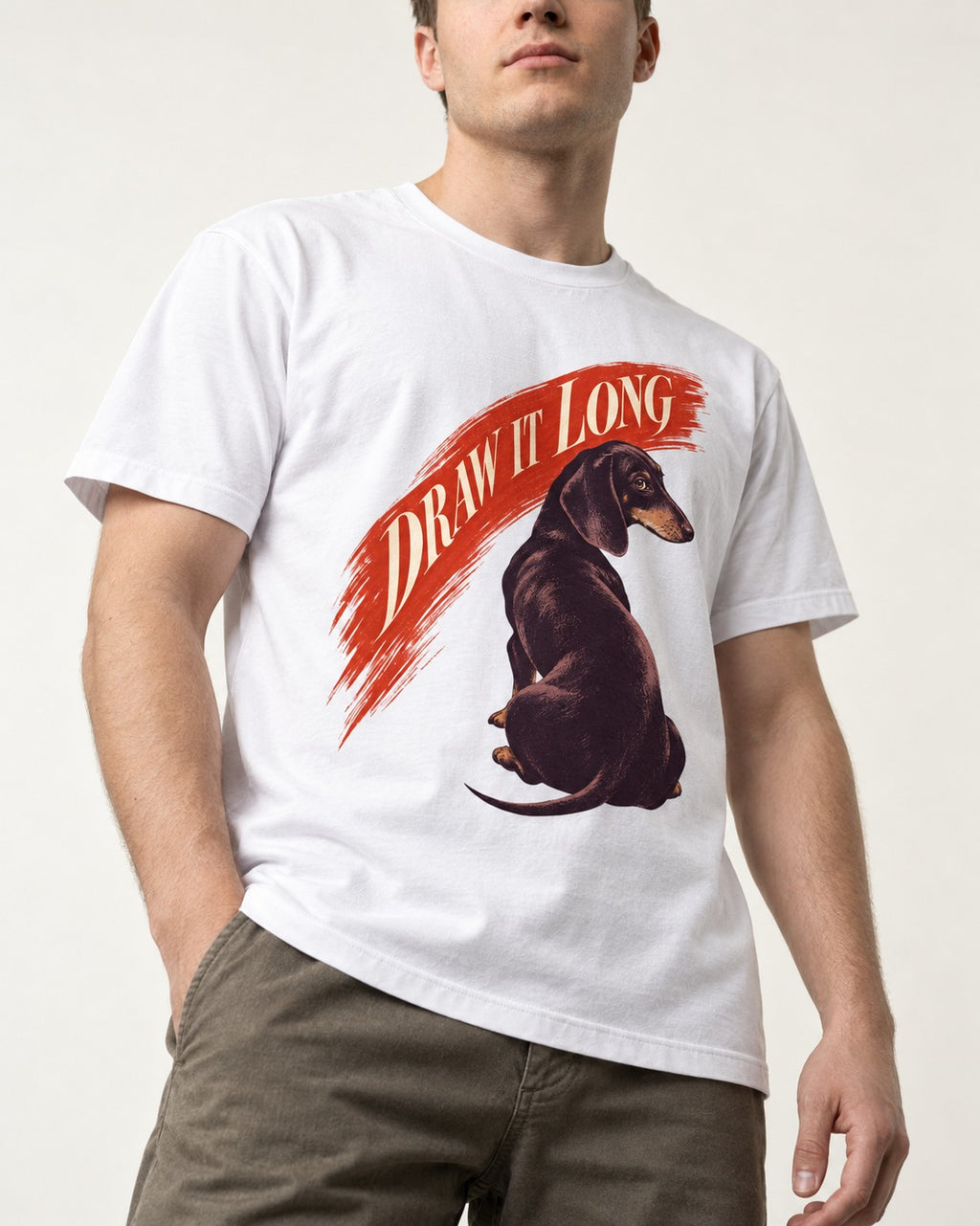Draw It Long Dachshund T-Shirt in White, worn by a model, front view