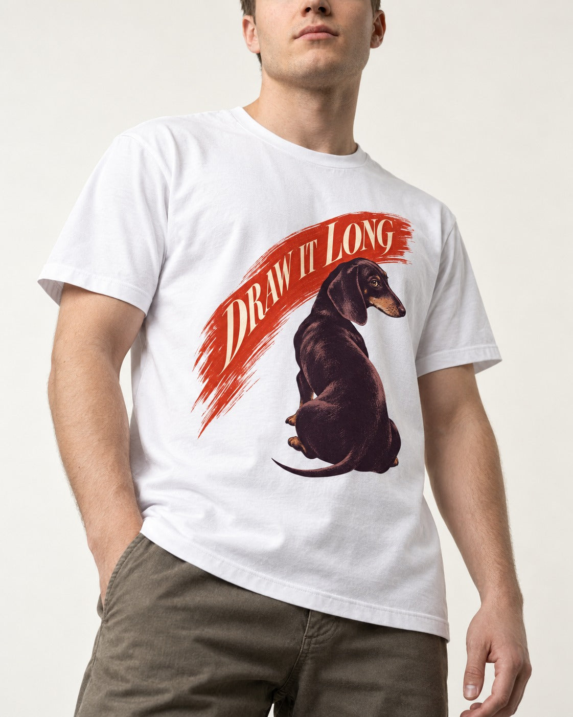 Draw It Long Dachshund T-Shirt in White, worn by a model, front view