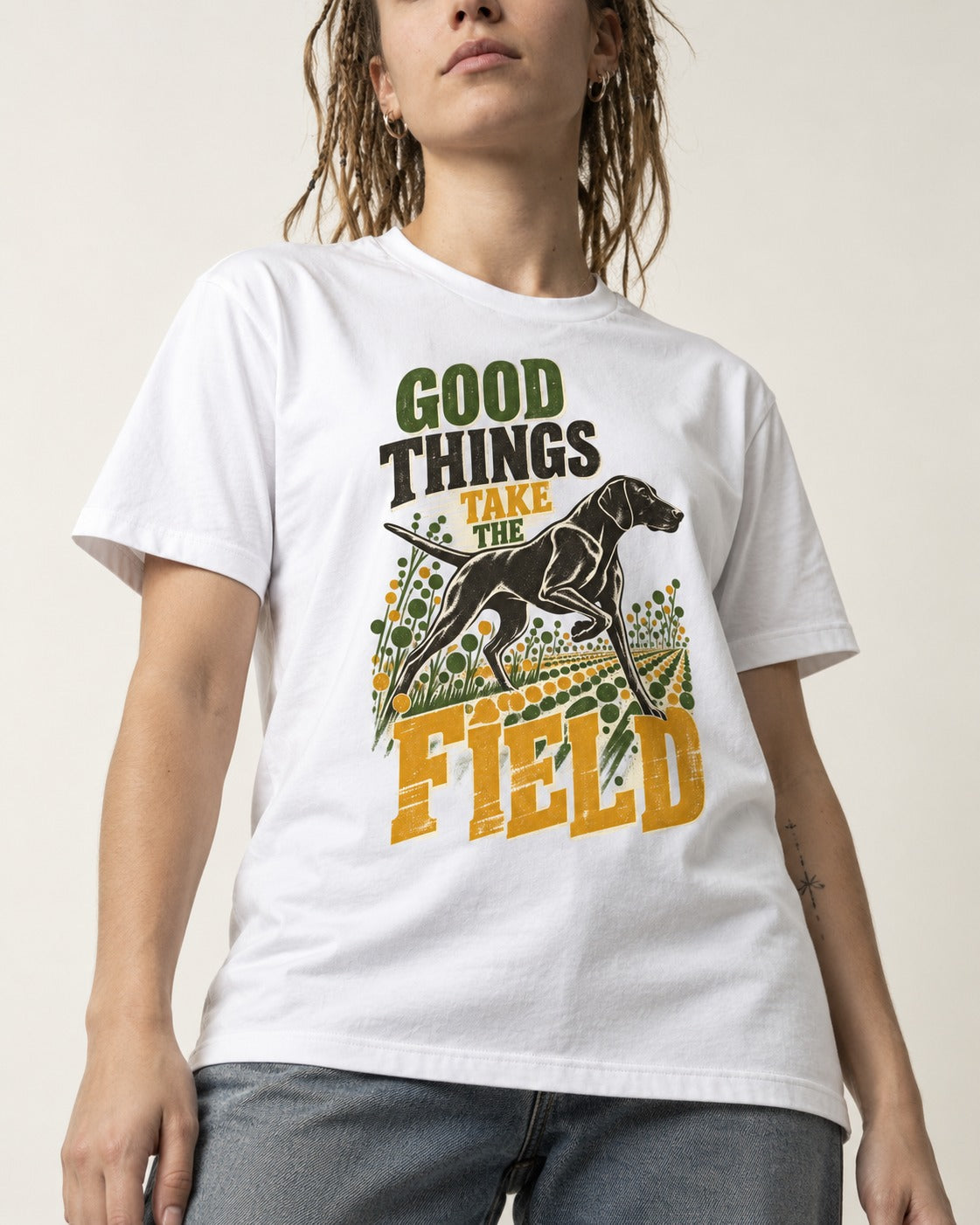 German Shorthaired Pointer Takes the Field T-Shirt in White, worn by a model, front view