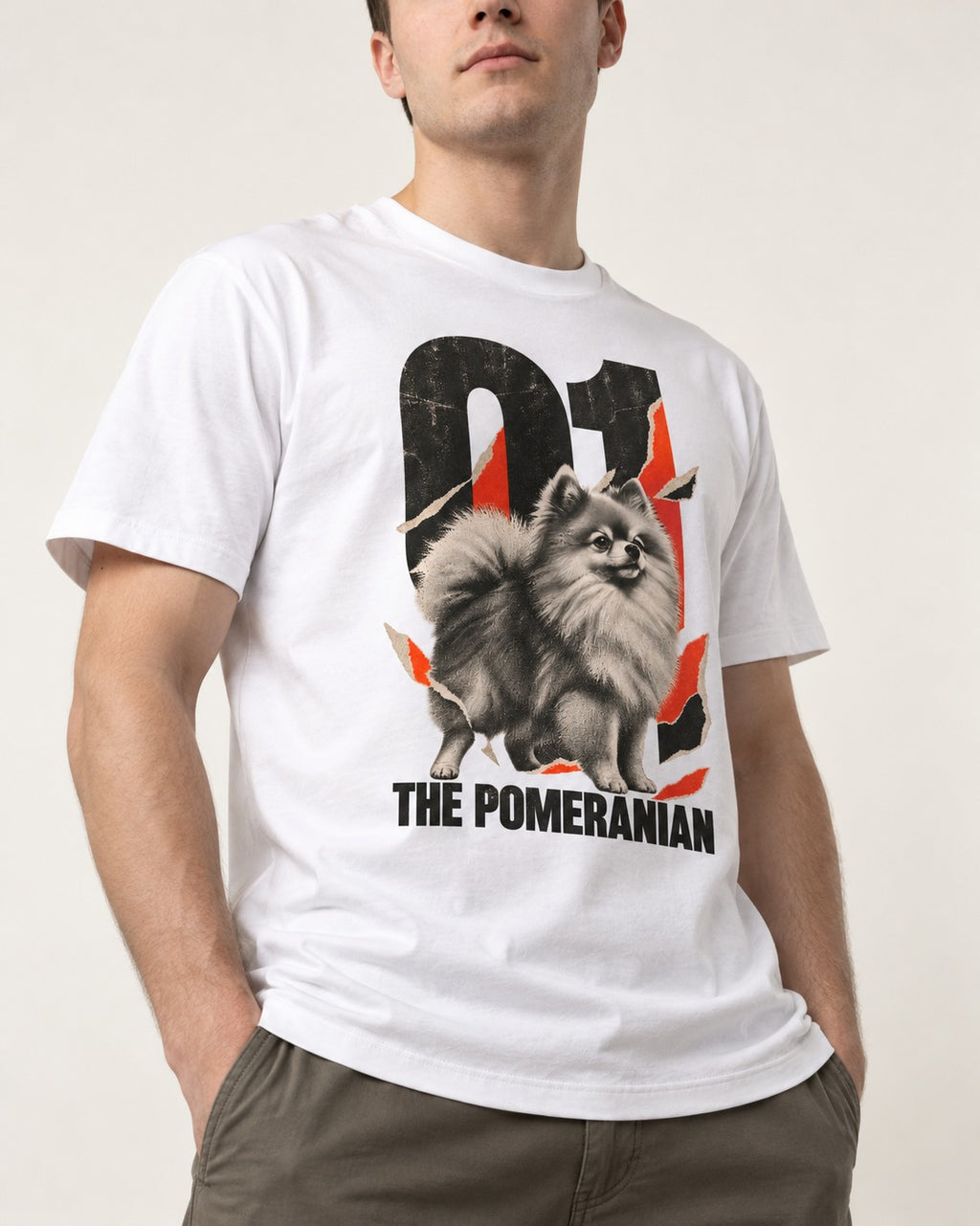 The Pomeranian T-Shirt in White, worn by a model, front view