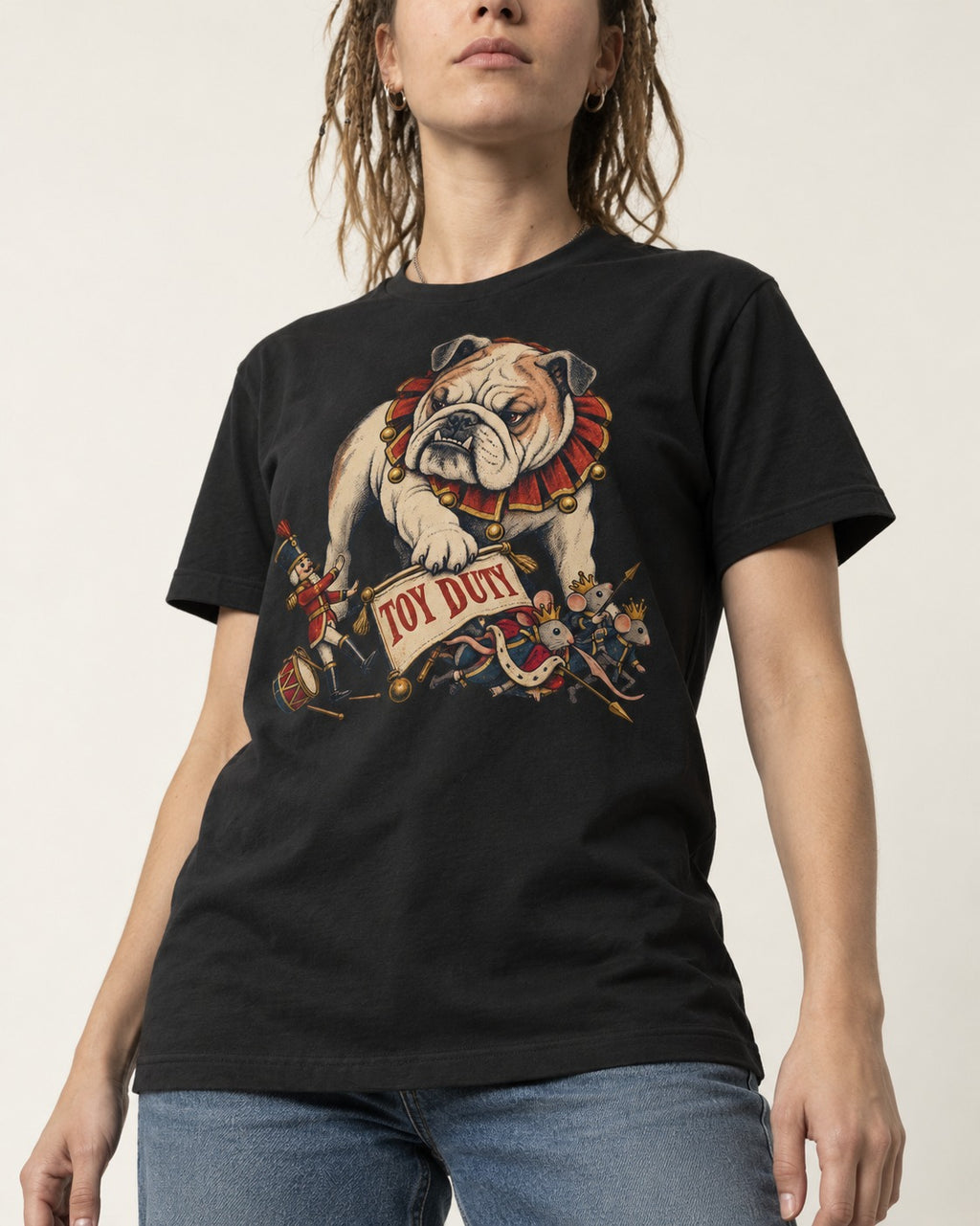 English Bulldog Toy Duty Nutcracker Mice T-Shirt in Black, worn by a model, front view