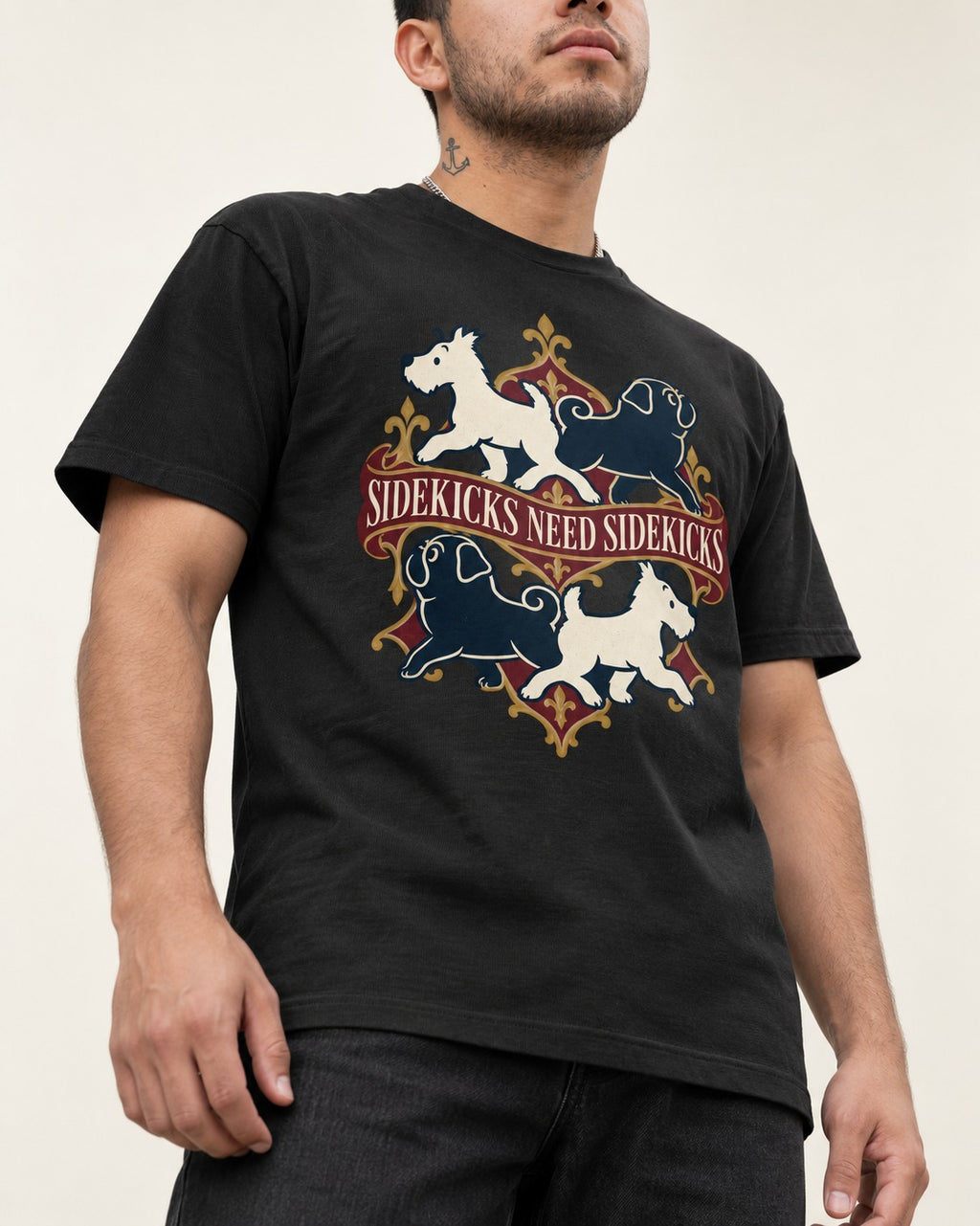 Pug Sidekicks Need Sidekicks Heraldic Graphic T-Shirt in Black, worn by a model, front view