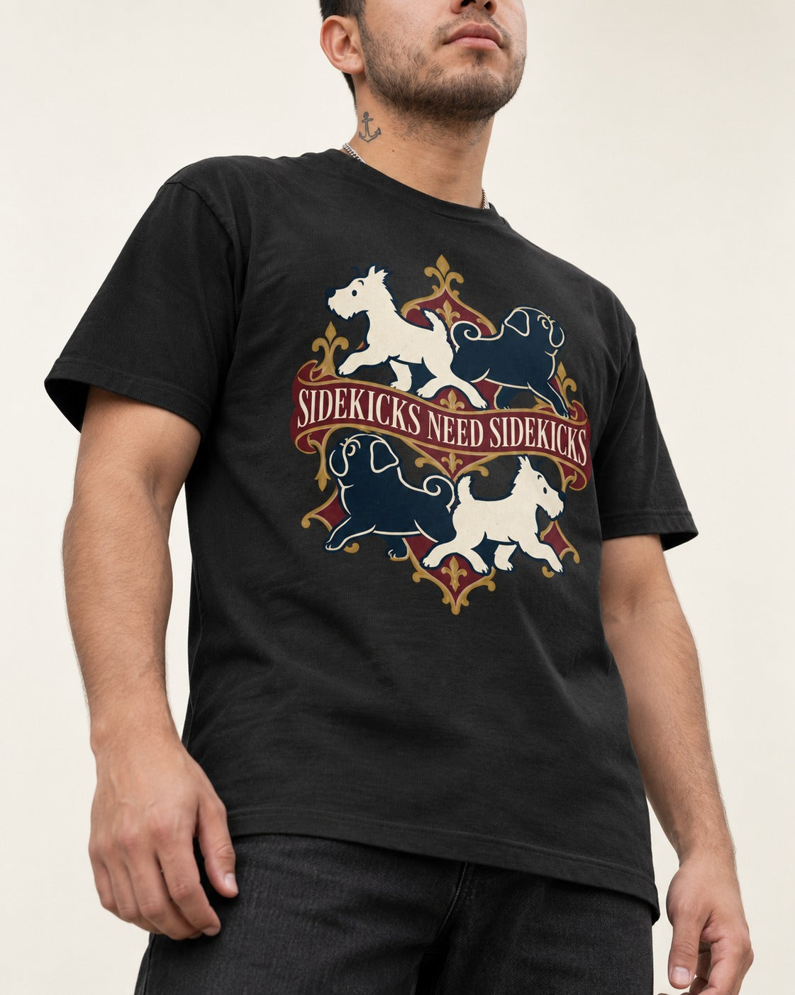 Pug Sidekicks Need Sidekicks Heraldic Graphic T-Shirt in Black, worn by a model, front view