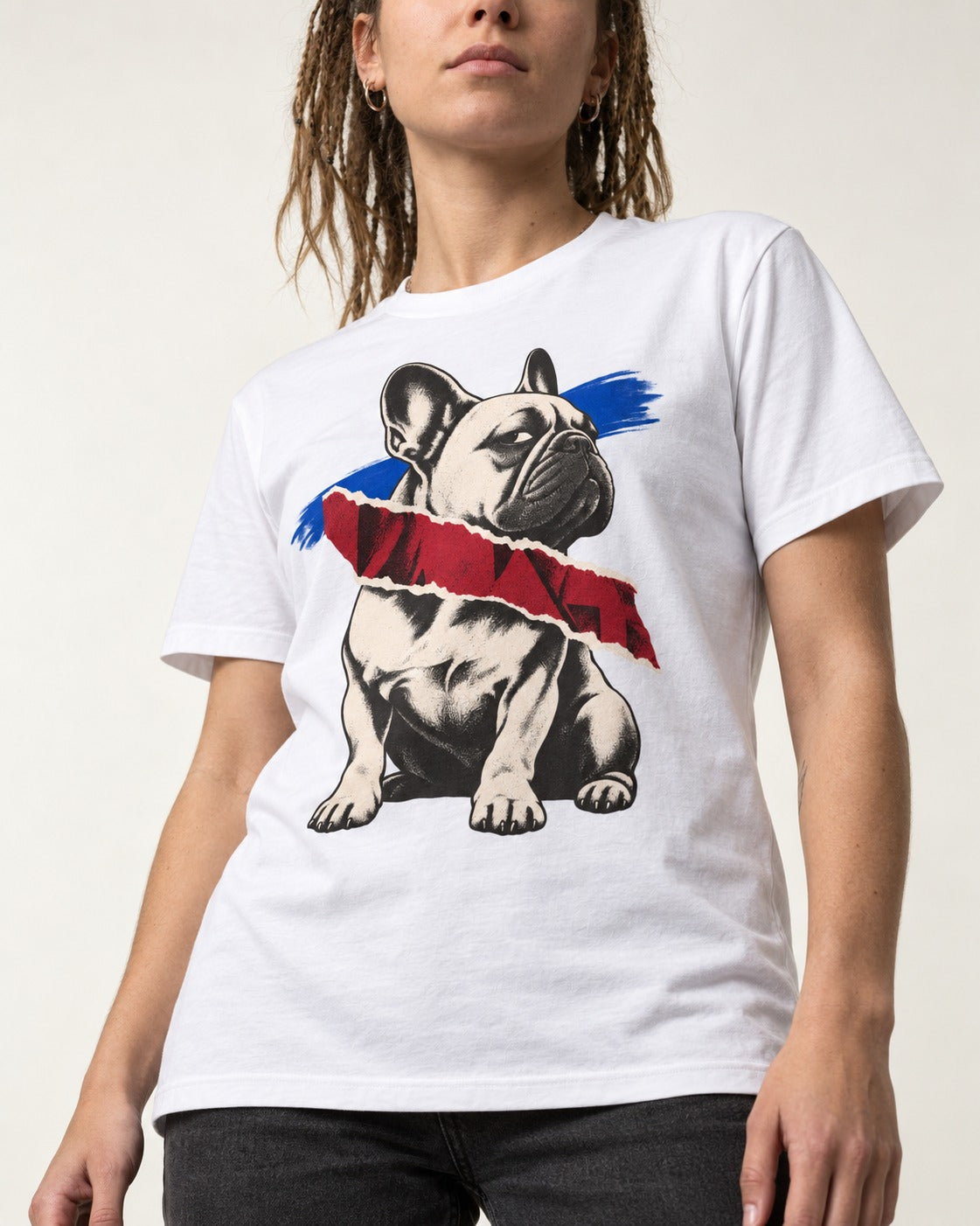 Frenchie Punk T-Shirt in White, worn by a model, front view