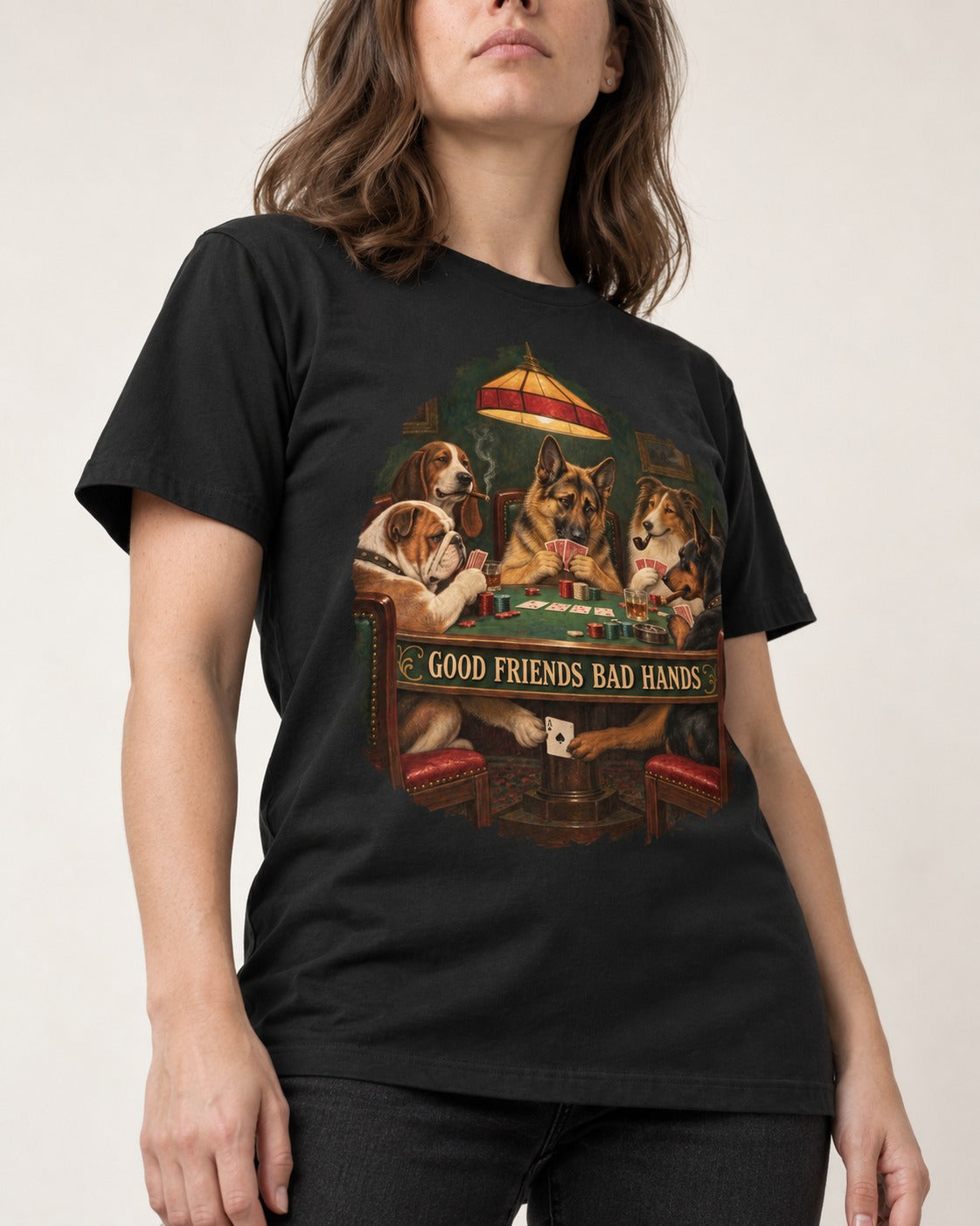 German Shepherd Dog Good Friends Bad Hands Poker Graphic T-Shirt in Black, worn by a model, front view