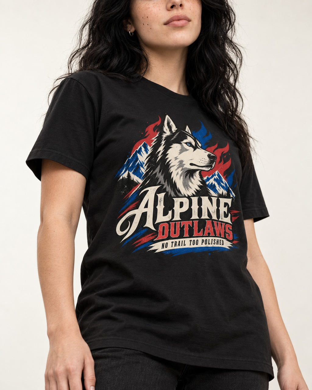 Husky Alpine Outlaws No Trail Too Polished Graphic T-Shirt in Black, worn by a model, front view
