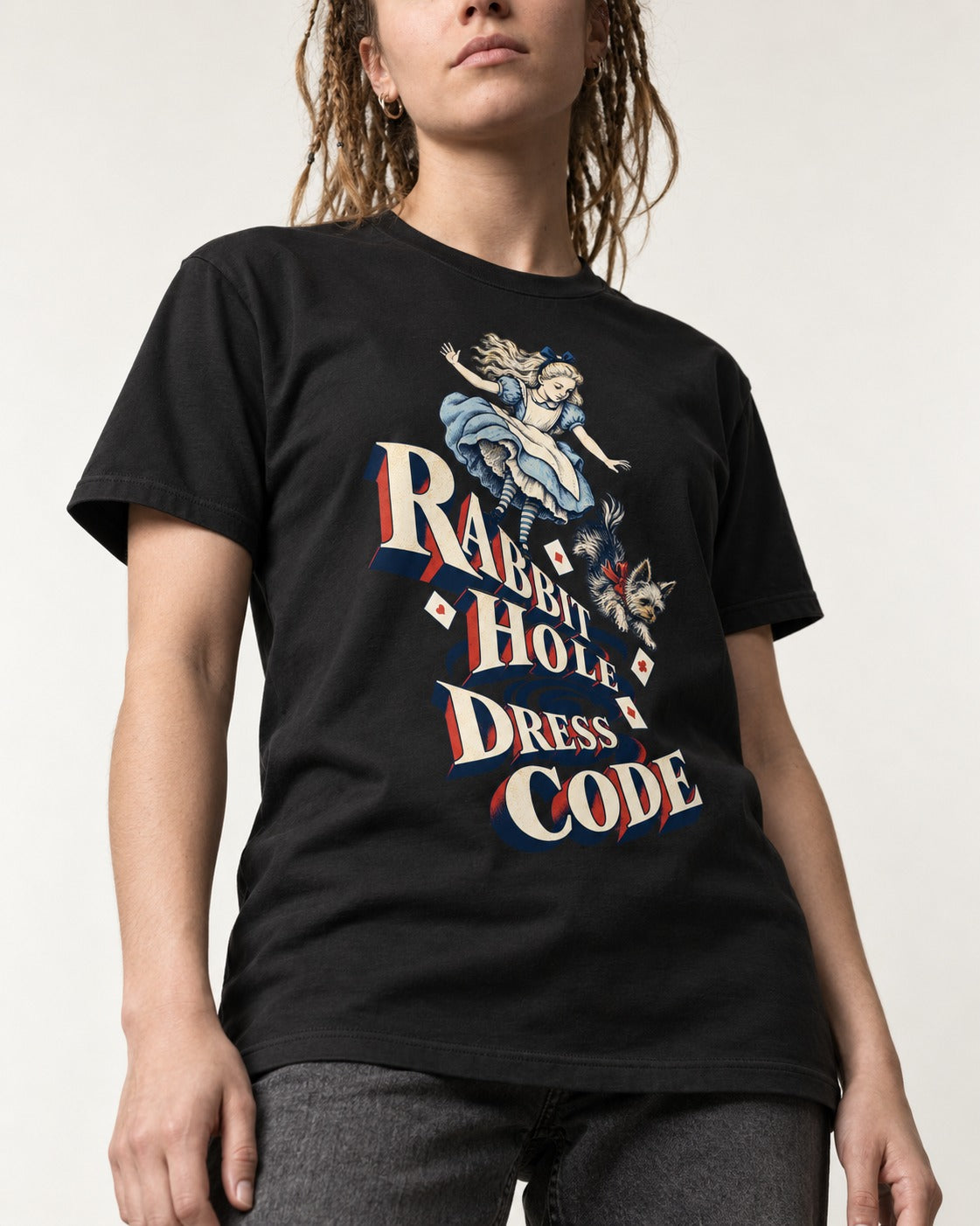Yorkshire Terrier Rabbit Hole Dress Code Wonderland Graphic T-Shirt in Black, worn by a model, front view