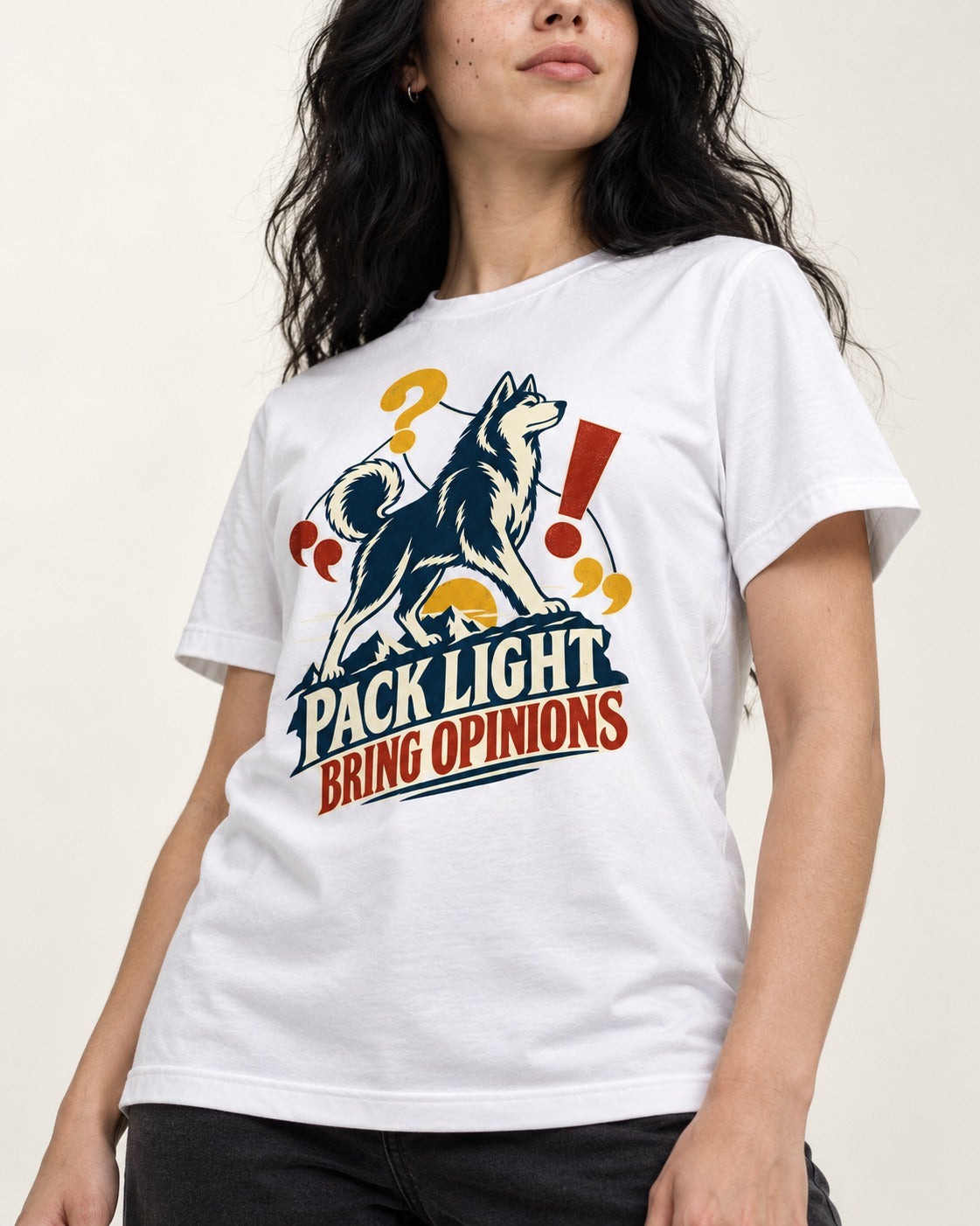 Husky Pack Light Bring Opinions T-Shirt in White, worn by a model, front view