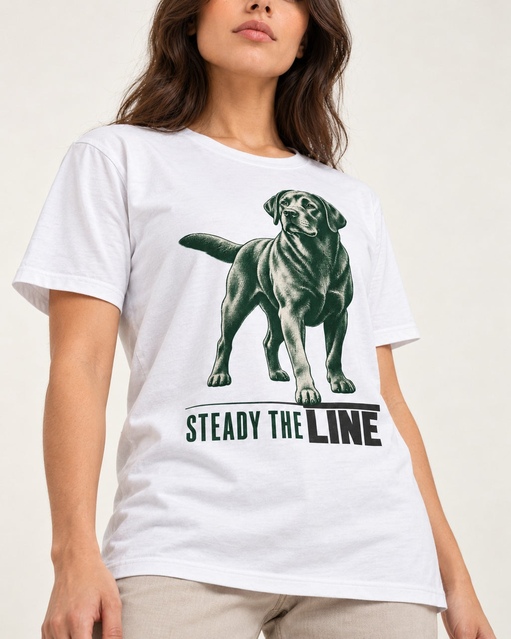 Steady the Line Labrador Retriever T-Shirt in White, worn by a model, front view