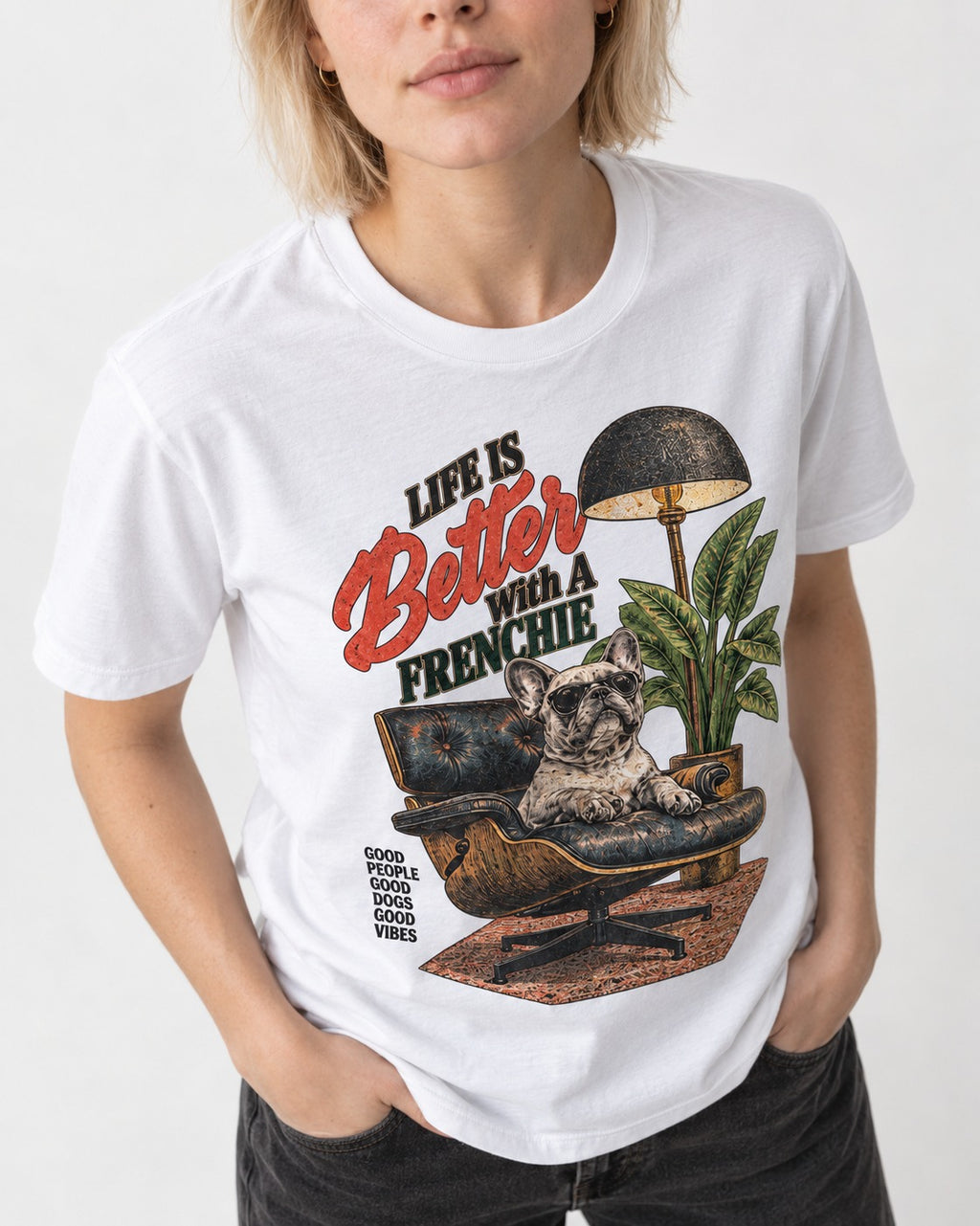 Better with a Frenchie T-Shirt in White, worn by a model, front view