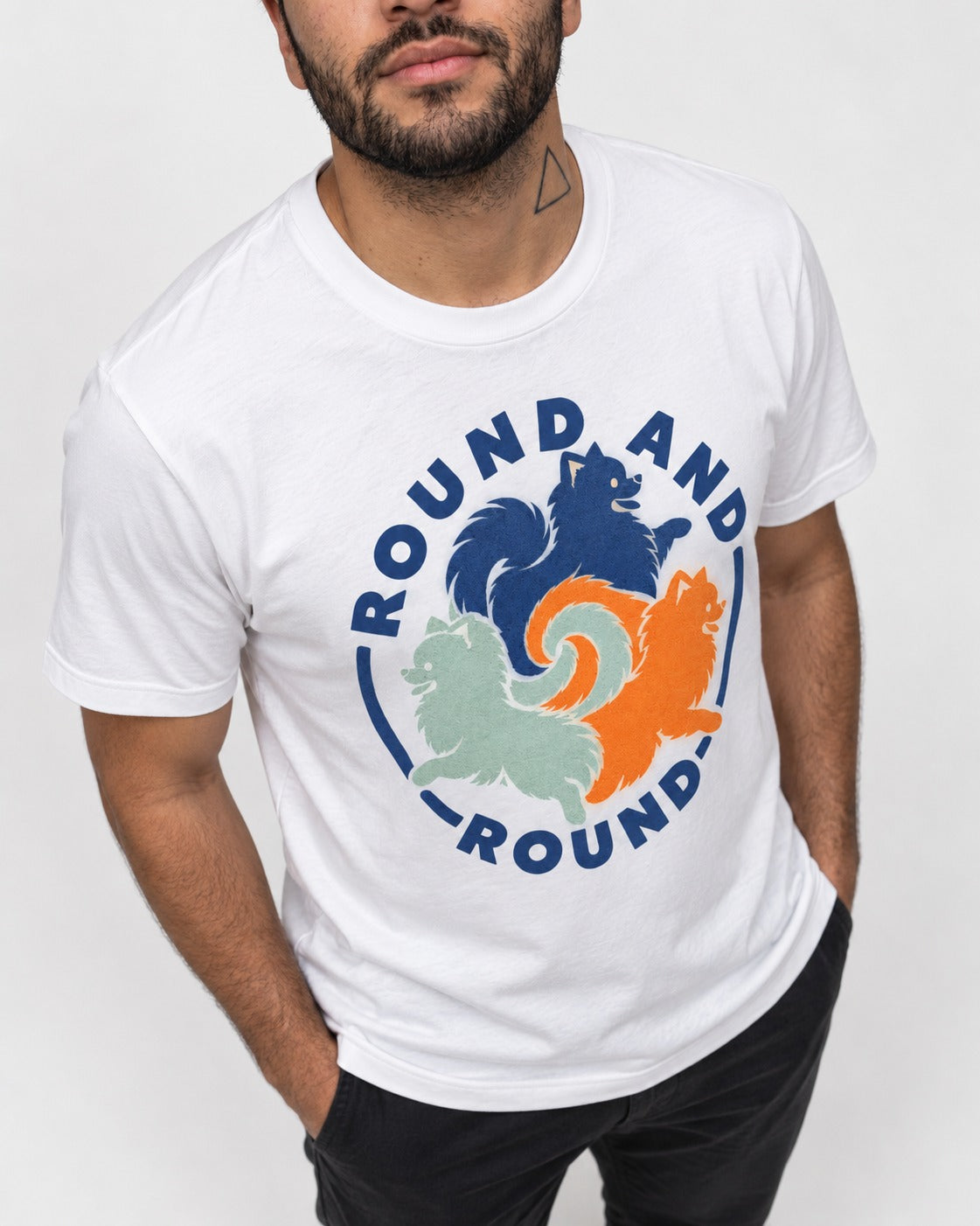 Pomeranian Round and Round T-Shirt in White, worn by a model, front view
