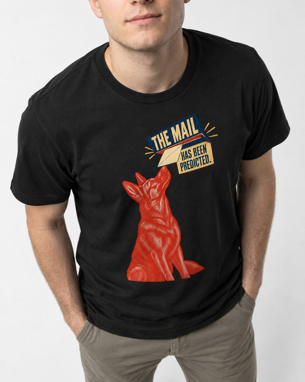 German Shepherd Dog Mail Predicted Graphic T-Shirt in Black, worn by a model, front view