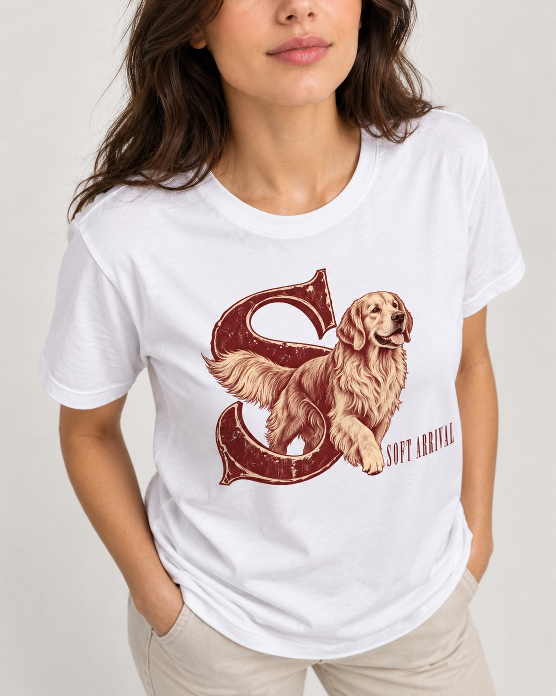 Soft Arrival Golden Retriever T-Shirt in White, worn by a model, front view
