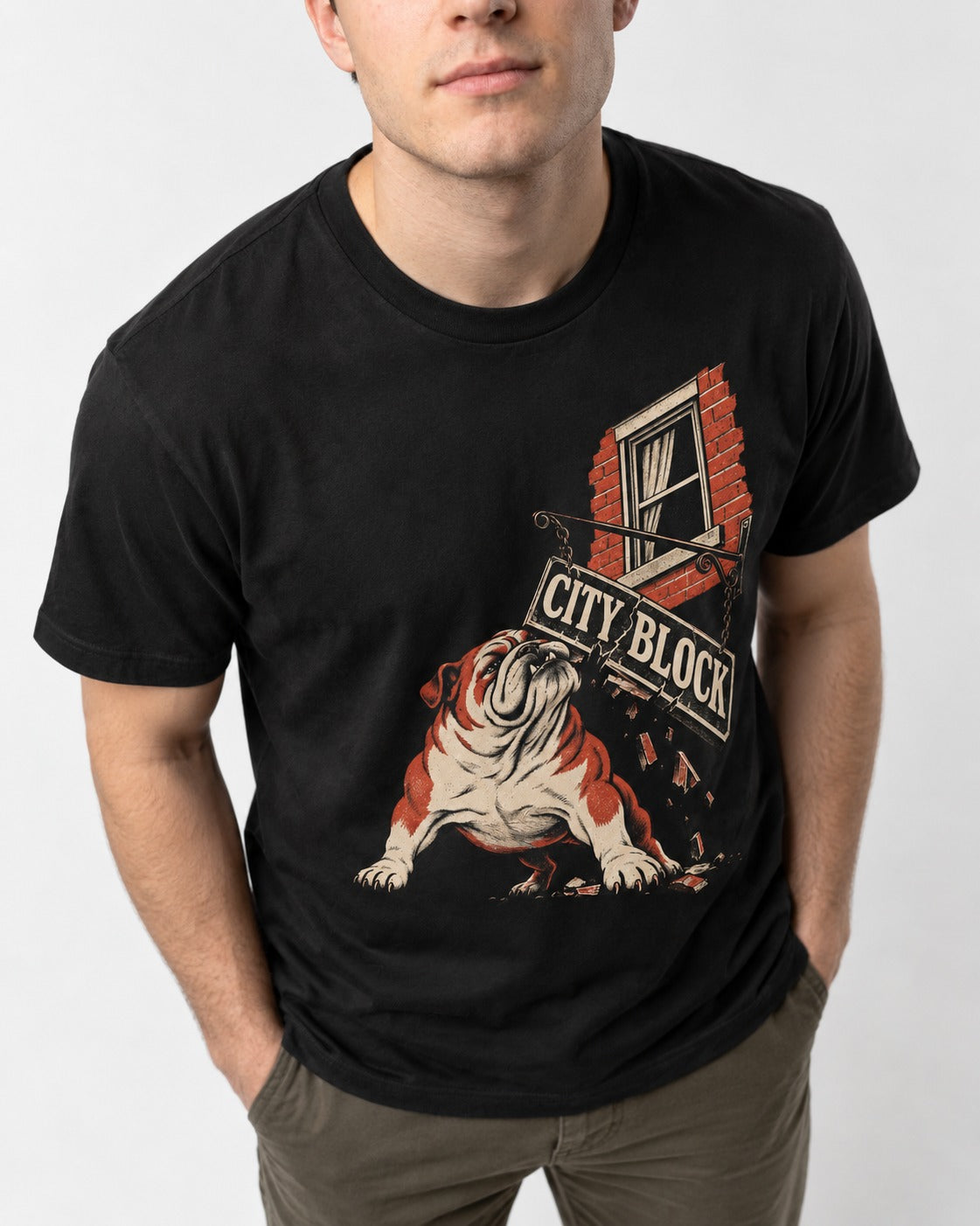English Bulldog City Block Breaking Sign Graphic T-Shirt in Black, worn by a model, front view