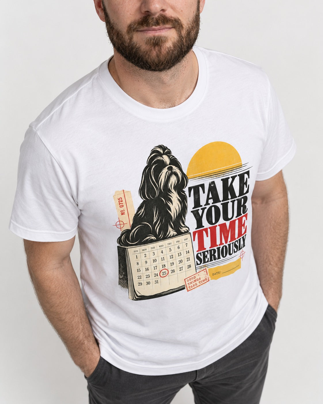 Take Your Time Seriously Shih Tzu T-Shirt in White, worn by a model, front view