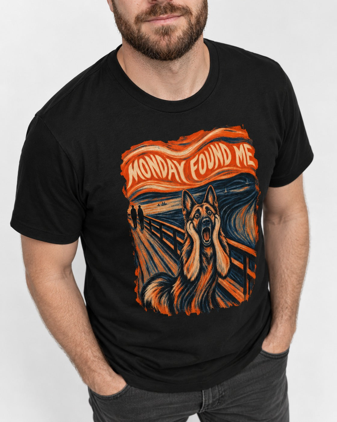 German Shepherd Dog Monday Found Me Scream Graphic T-Shirt in Black, worn by a model, front view