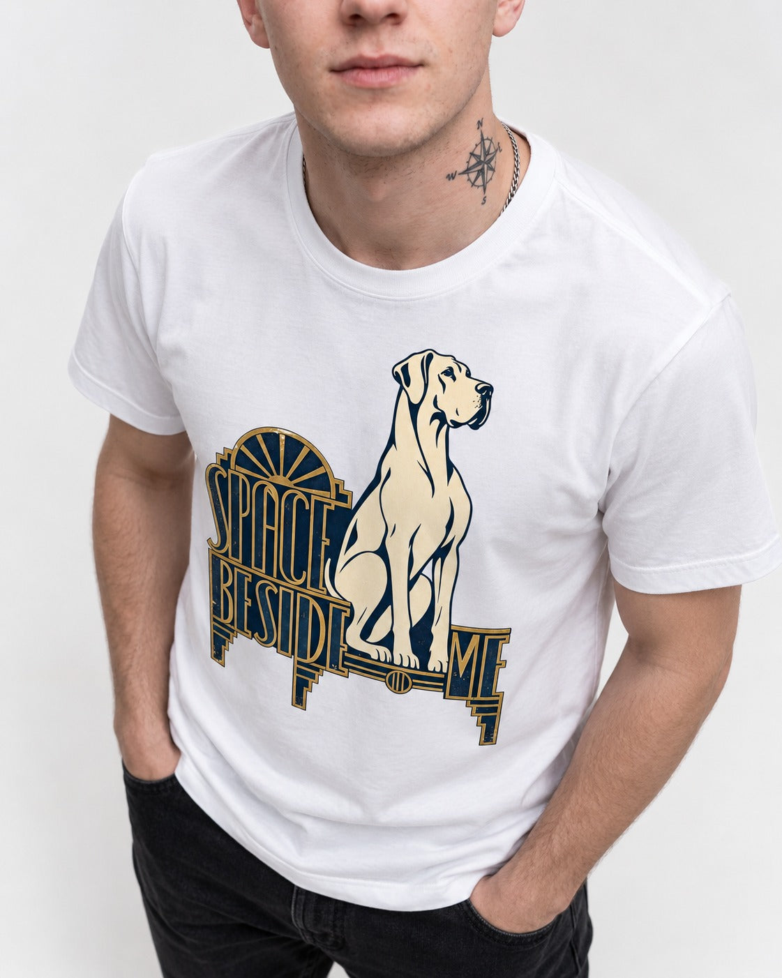 Great Dane's Space Beside Me T-Shirt in White, worn by a model, front view