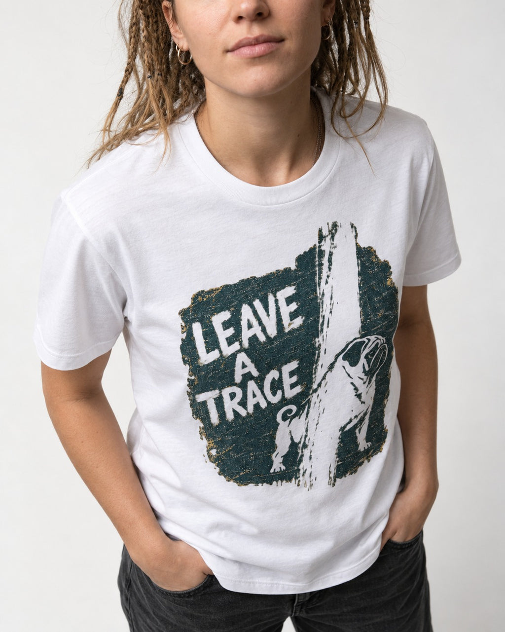 Pug Leaves a Trace T-Shirt in White, worn by a model, front view